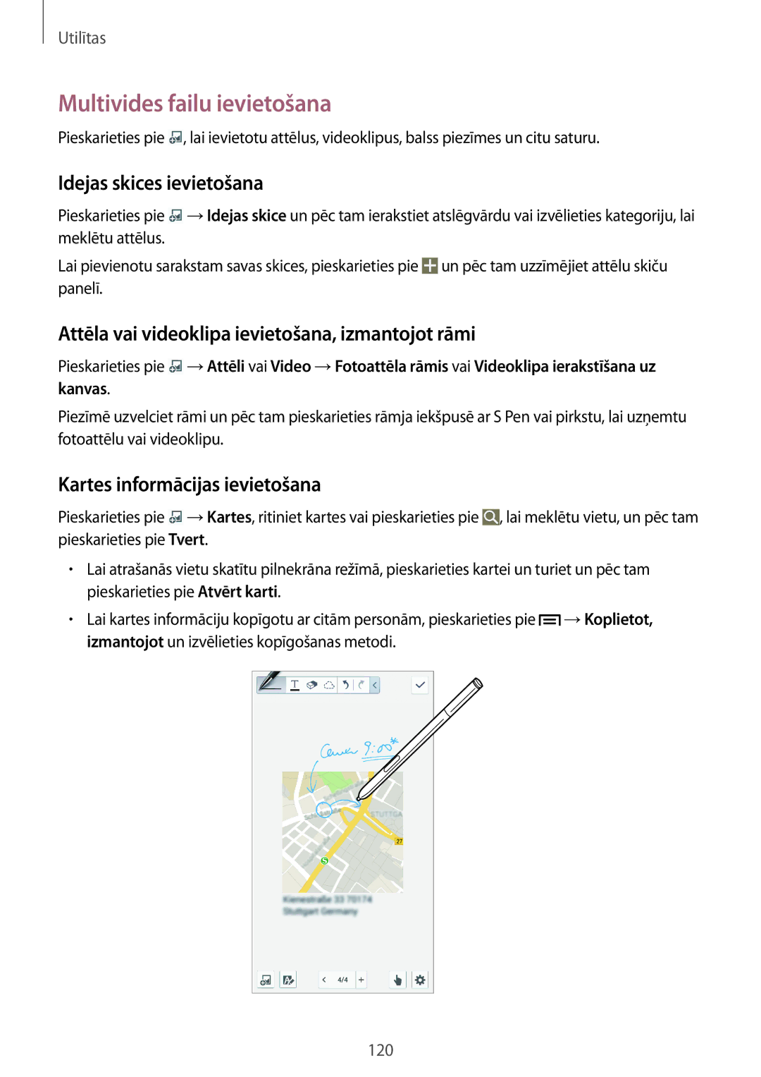 Samsung SM-N9005ZKESEB manual Multivides failu ievietošana, Idejas skices ievietošana, Kartes informācijas ievietošana 