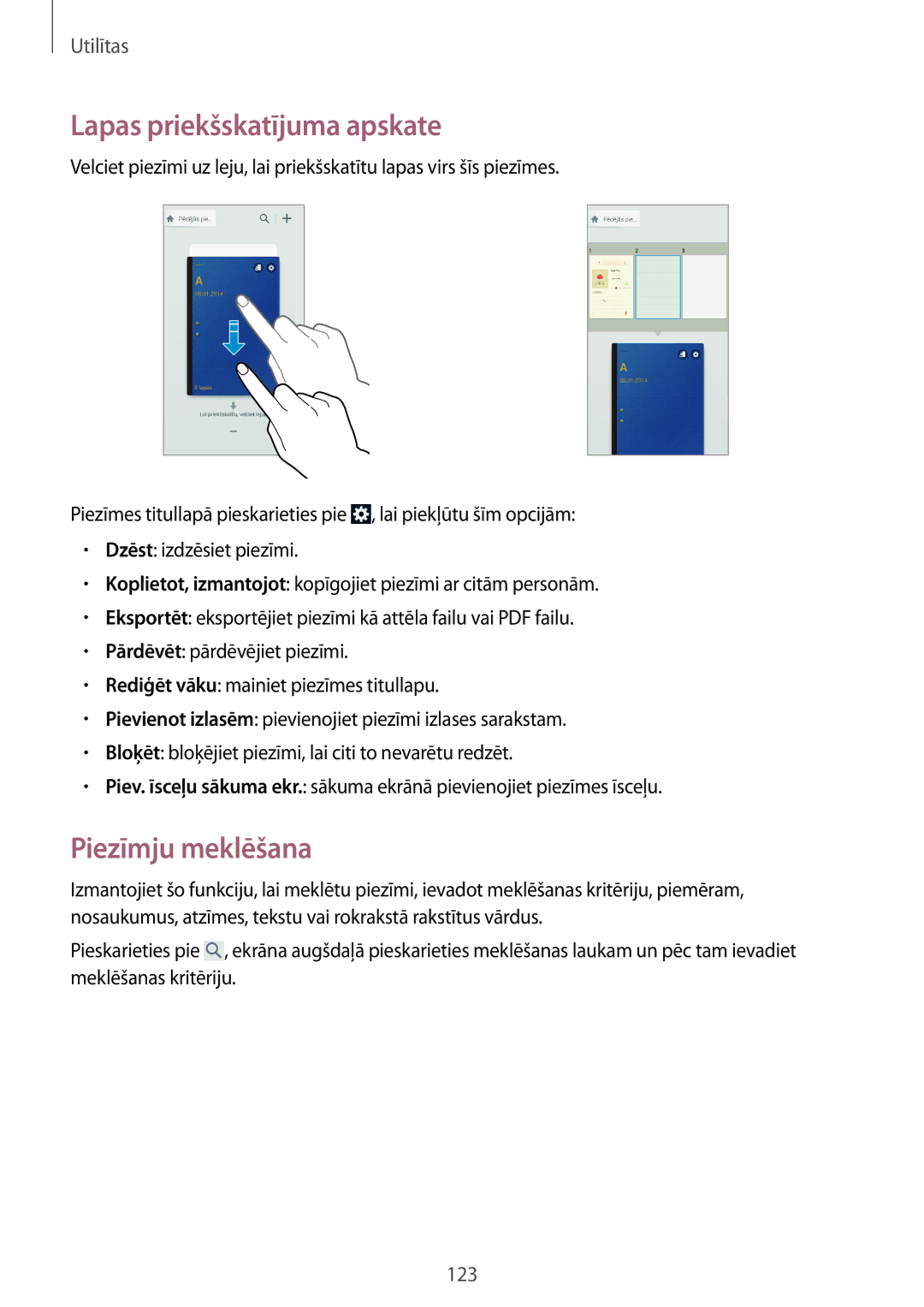 Samsung SM-N9005ZKESEB, SM-N9005ZWESEB, SM-N9005WDESEB manual Lapas priekšskatījuma apskate, Piezīmju meklēšana 