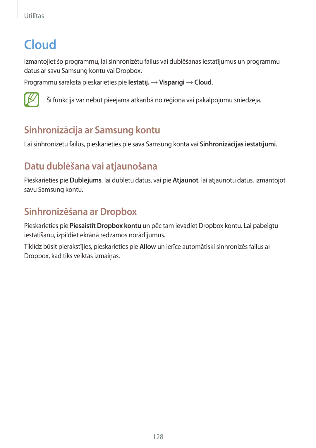 Samsung SM-N9005WDESEB Cloud, Sinhronizācija ar Samsung kontu, Datu dublēšana vai atjaunošana, Sinhronizēšana ar Dropbox 