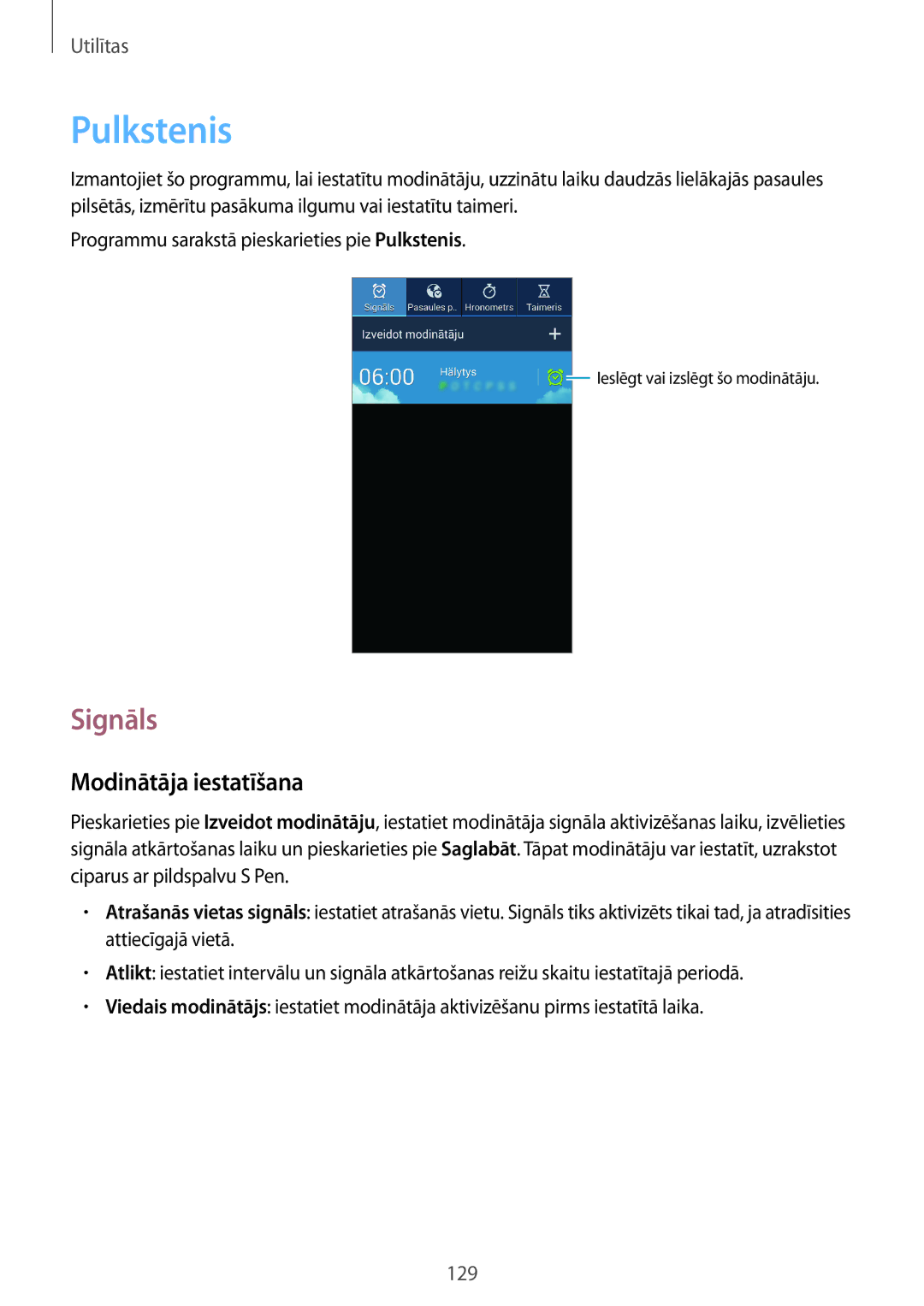 Samsung SM-N9005ZKESEB, SM-N9005ZWESEB, SM-N9005WDESEB manual Pulkstenis, Signāls, Modinātāja iestatīšana 