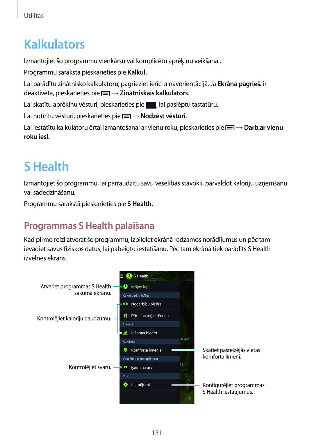Samsung SM-N9005WDESEB, SM-N9005ZKESEB, SM-N9005ZWESEB manual Kalkulators, Programmas S Health palaišana, Roku iesl 