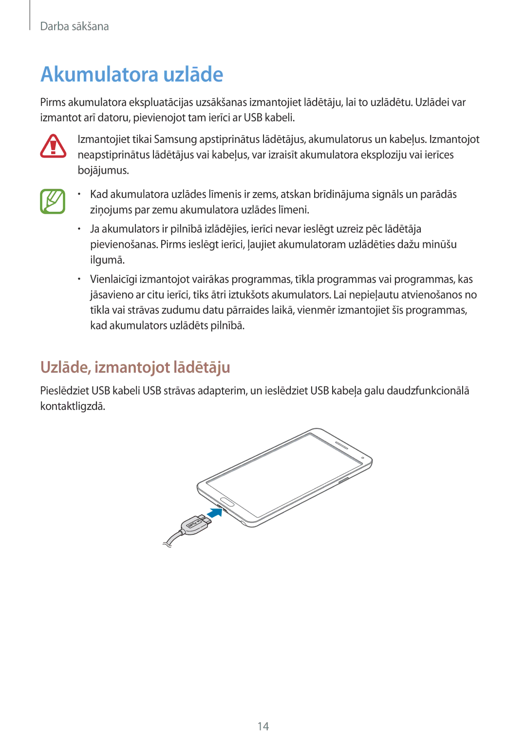 Samsung SM-N9005WDESEB, SM-N9005ZKESEB, SM-N9005ZWESEB manual Akumulatora uzlāde, Uzlāde, izmantojot lādētāju 