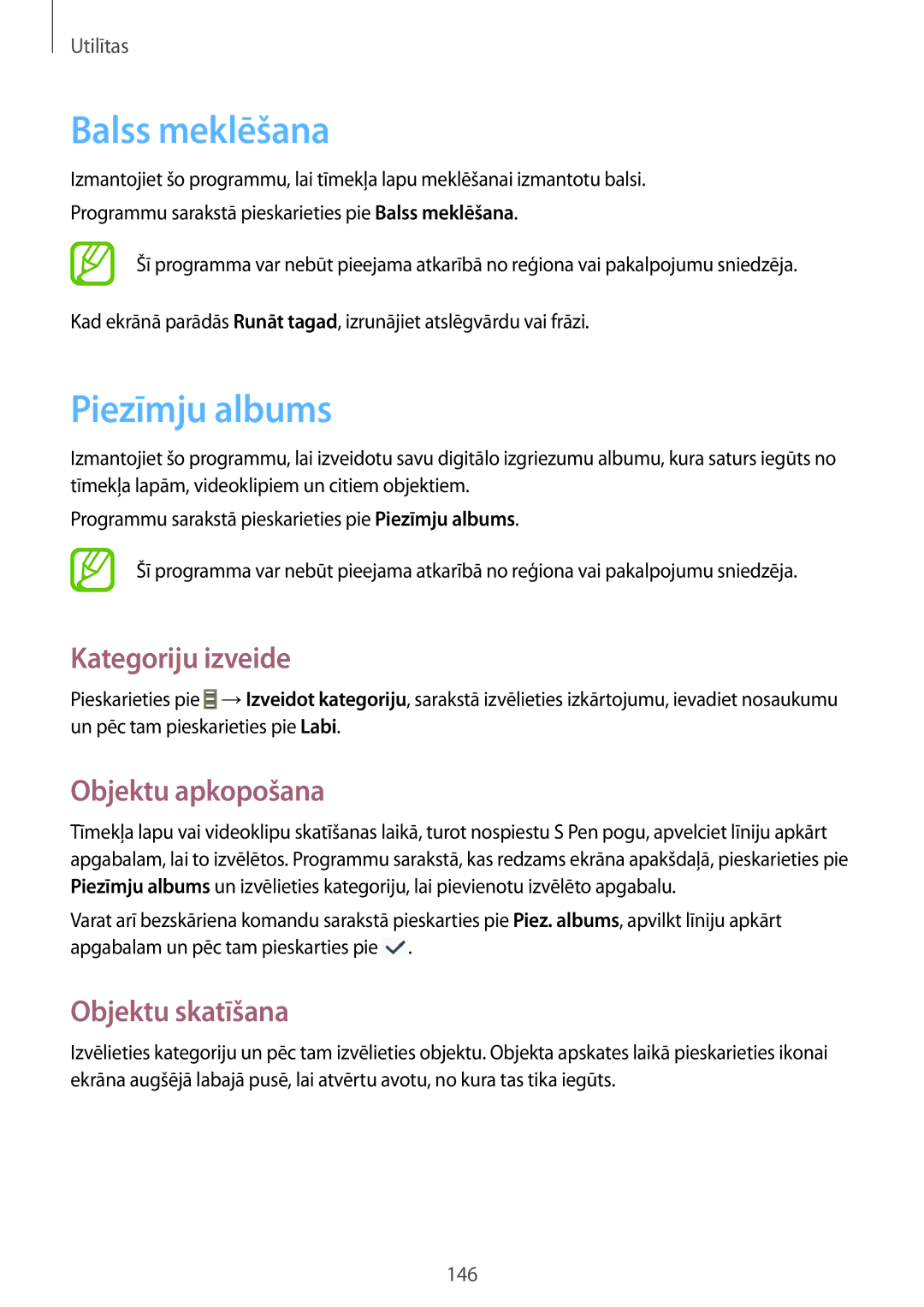 Samsung SM-N9005WDESEB manual Balss meklēšana, Piezīmju albums, Kategoriju izveide, Objektu apkopošana, Objektu skatīšana 