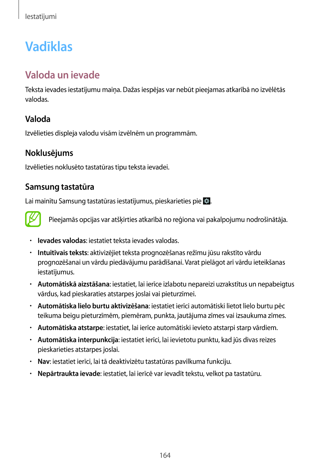 Samsung SM-N9005WDESEB, SM-N9005ZKESEB, SM-N9005ZWESEB manual Vadīklas, Valoda un ievade, Noklusējums, Samsung tastatūra 