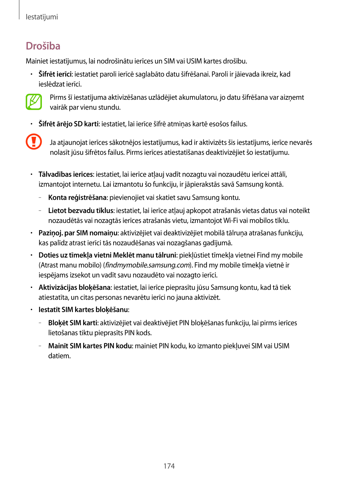 Samsung SM-N9005ZKESEB, SM-N9005ZWESEB, SM-N9005WDESEB manual Drošība, Iestatīt SIM kartes bloķēšanu 