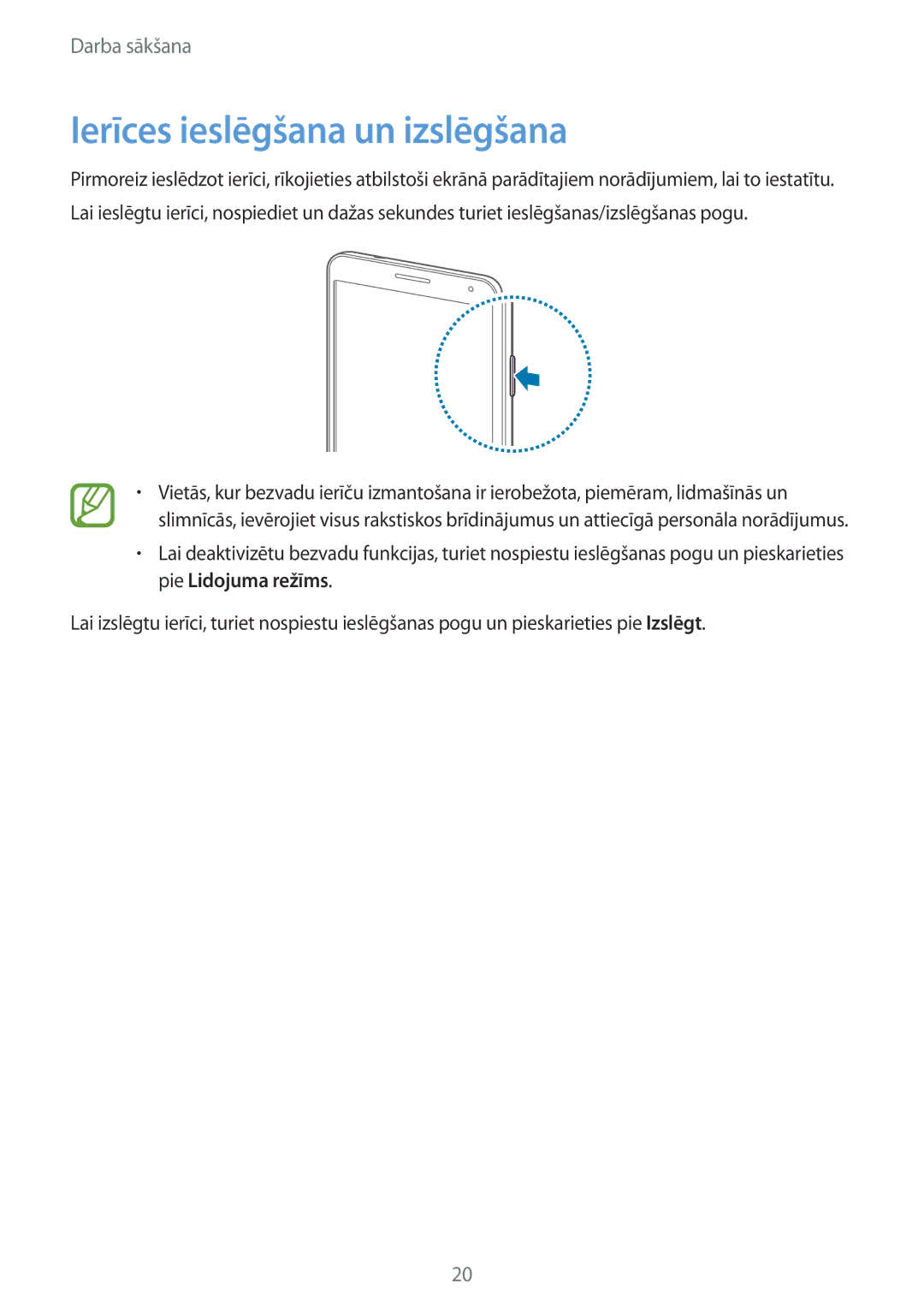 Samsung SM-N9005WDESEB, SM-N9005ZKESEB, SM-N9005ZWESEB manual Ierīces ieslēgšana un izslēgšana 