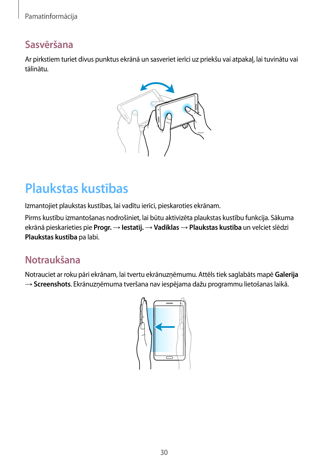 Samsung SM-N9005ZKESEB, SM-N9005ZWESEB, SM-N9005WDESEB manual Plaukstas kustības, Sasvēršana, Notraukšana 
