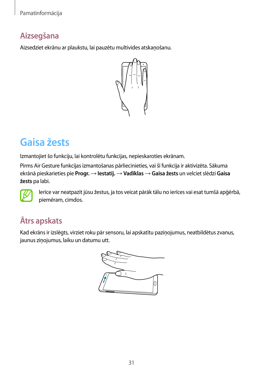 Samsung SM-N9005ZWESEB, SM-N9005ZKESEB, SM-N9005WDESEB manual Gaisa žests, Aizsegšana, Ātrs apskats 