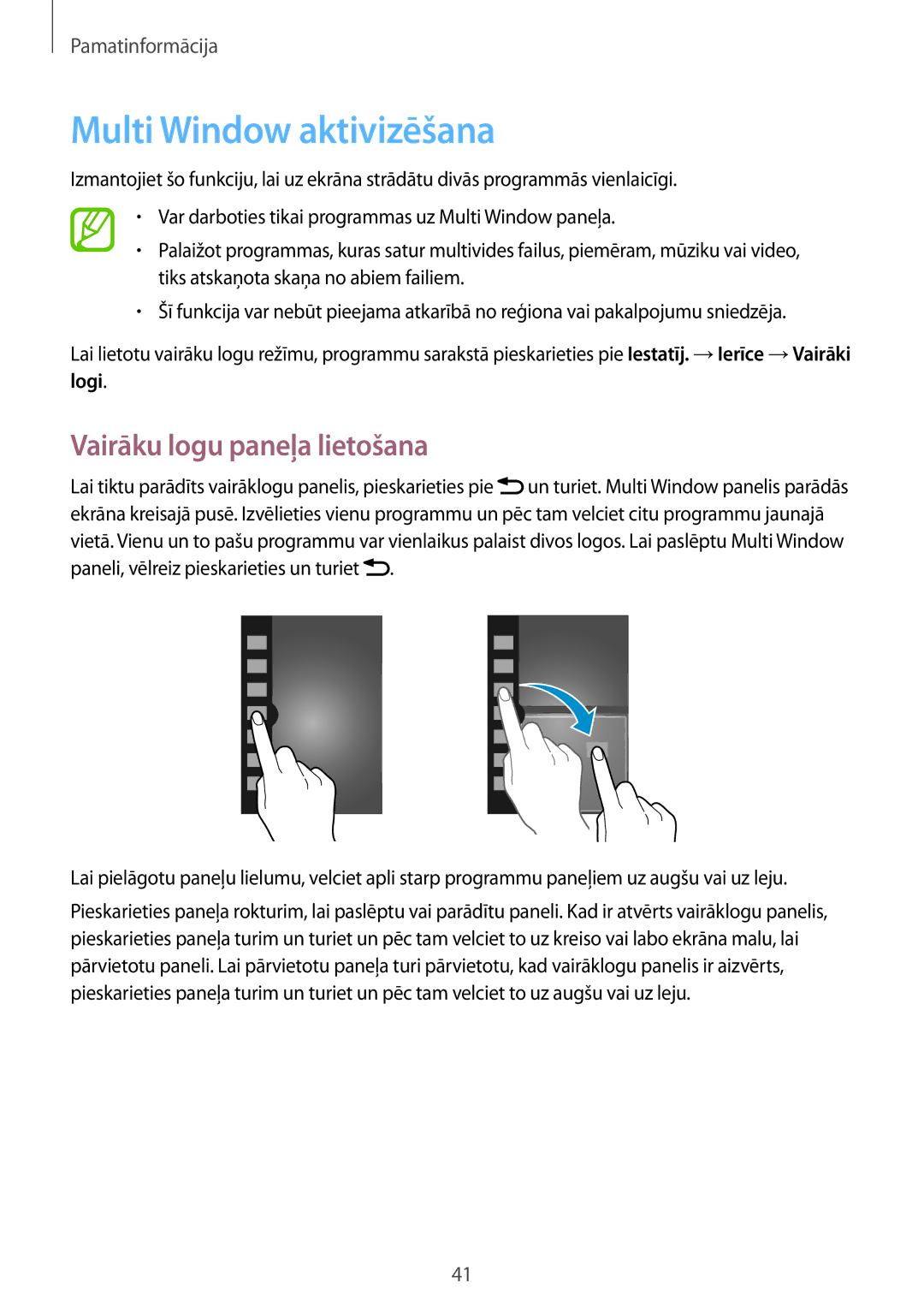 Samsung SM-N9005WDESEB, SM-N9005ZKESEB, SM-N9005ZWESEB manual Multi Window aktivizēšana, Vairāku logu paneļa lietošana, Logi 