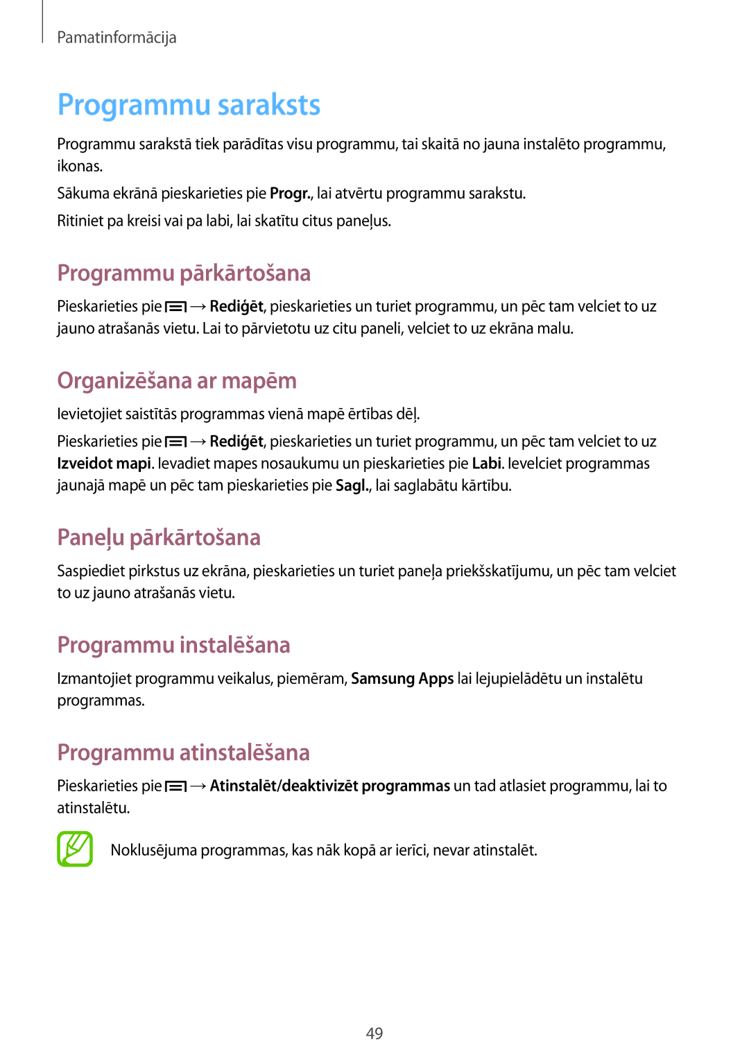 Samsung SM-N9005ZWESEB manual Programmu saraksts, Programmu pārkārtošana, Organizēšana ar mapēm, Programmu instalēšana 