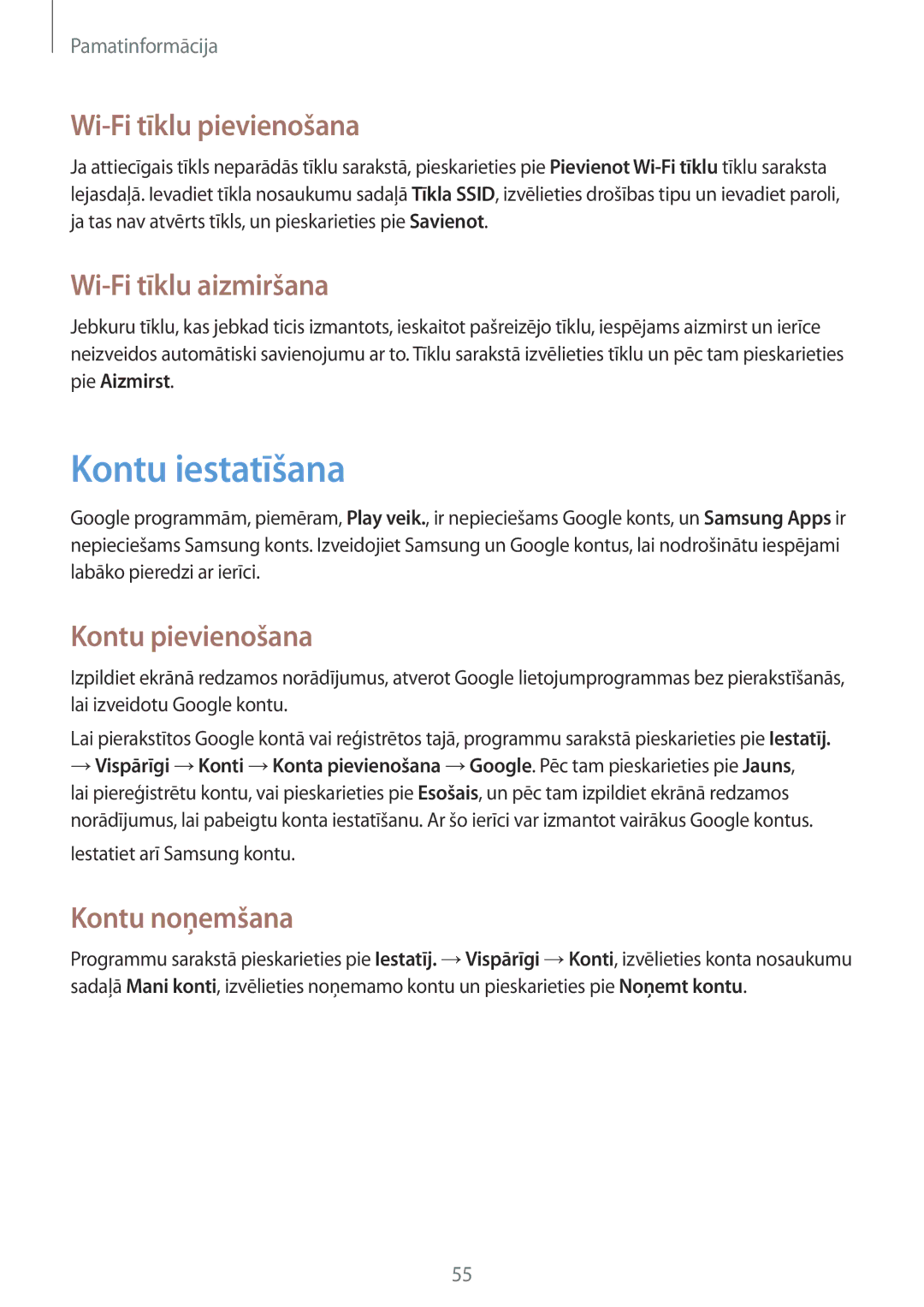 Samsung SM-N9005ZWESEB manual Kontu iestatīšana, Wi-Fi tīklu pievienošana, Wi-Fi tīklu aizmiršana, Kontu pievienošana 