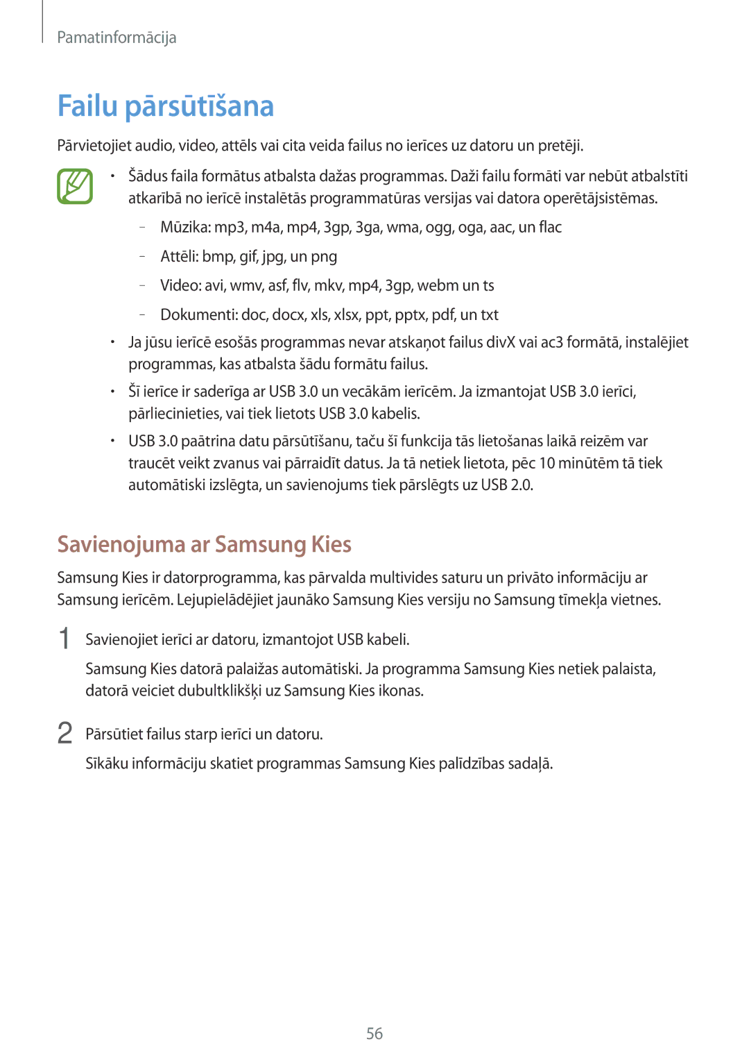 Samsung SM-N9005WDESEB, SM-N9005ZKESEB, SM-N9005ZWESEB manual Failu pārsūtīšana, Savienojuma ar Samsung Kies 