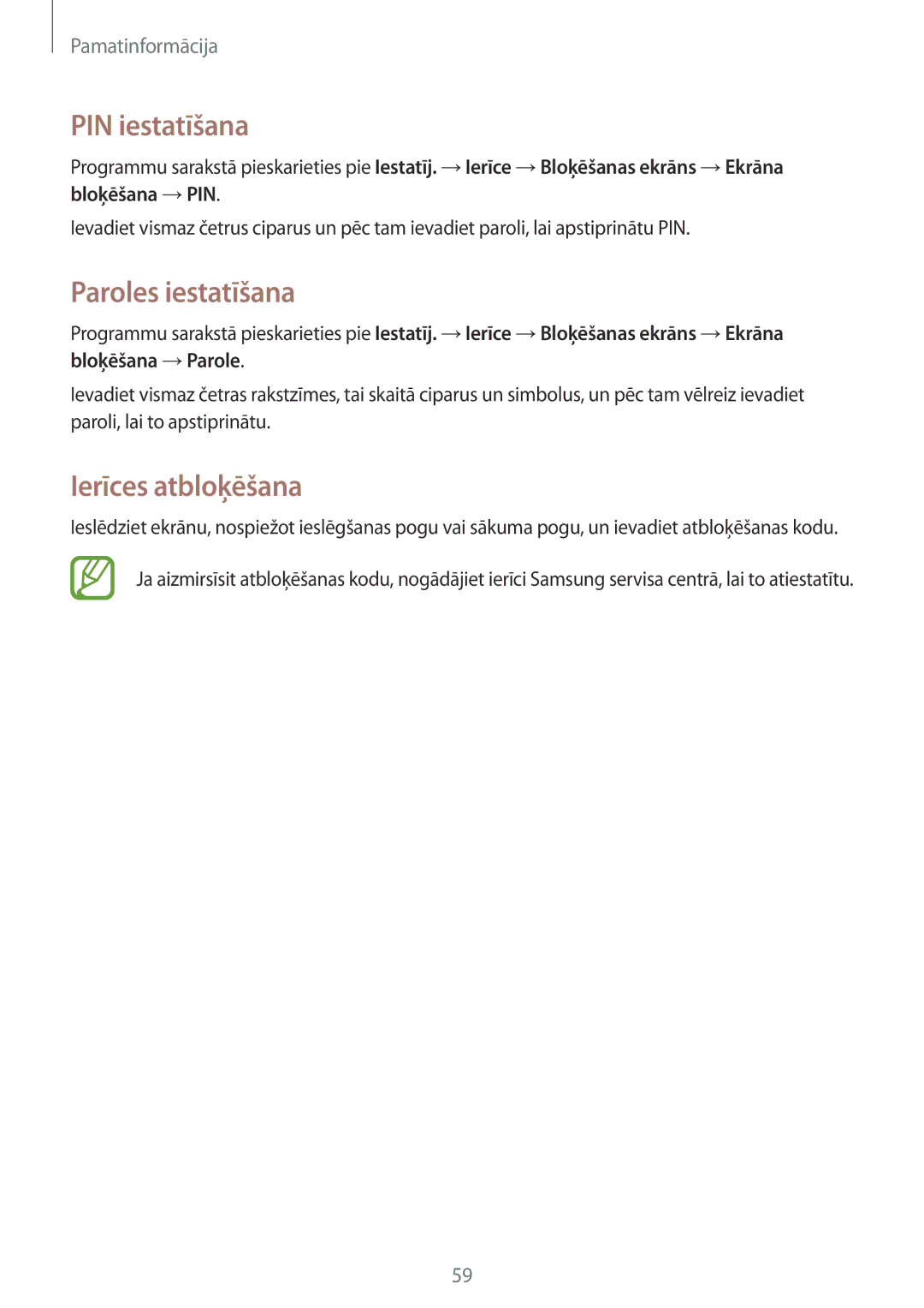 Samsung SM-N9005WDESEB, SM-N9005ZKESEB, SM-N9005ZWESEB manual PIN iestatīšana, Paroles iestatīšana, Ierīces atbloķēšana 