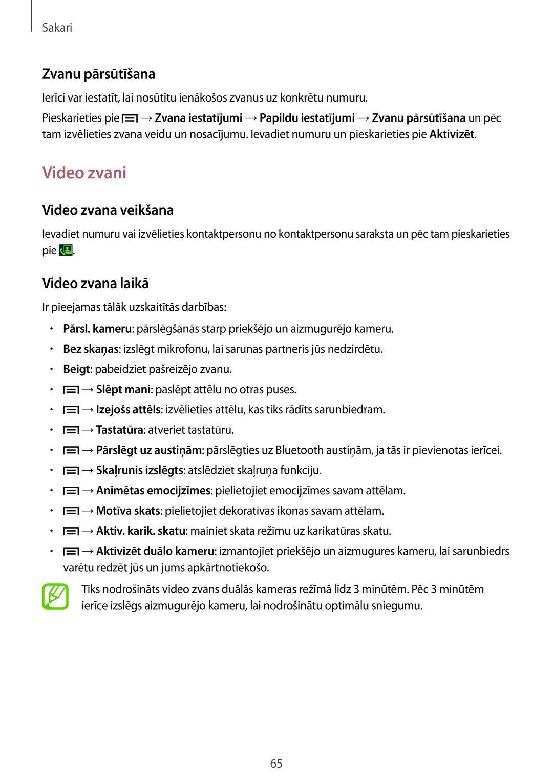 Samsung SM-N9005WDESEB, SM-N9005ZKESEB manual Video zvani, Zvanu pārsūtīšana, Video zvana veikšana, Video zvana laikā 
