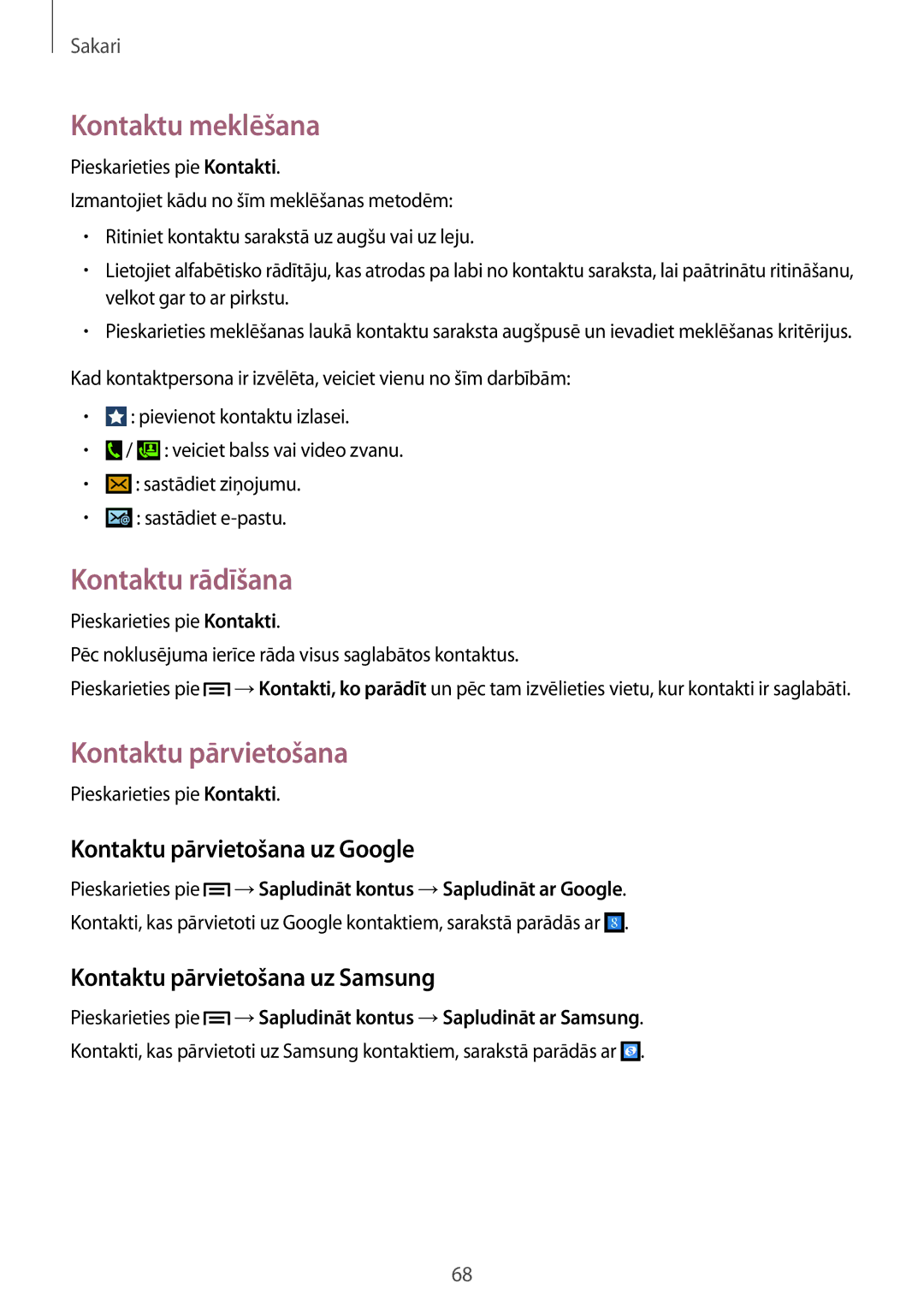 Samsung SM-N9005WDESEB, SM-N9005ZKESEB manual Kontaktu meklēšana, Kontaktu rādīšana, Kontaktu pārvietošana uz Google 