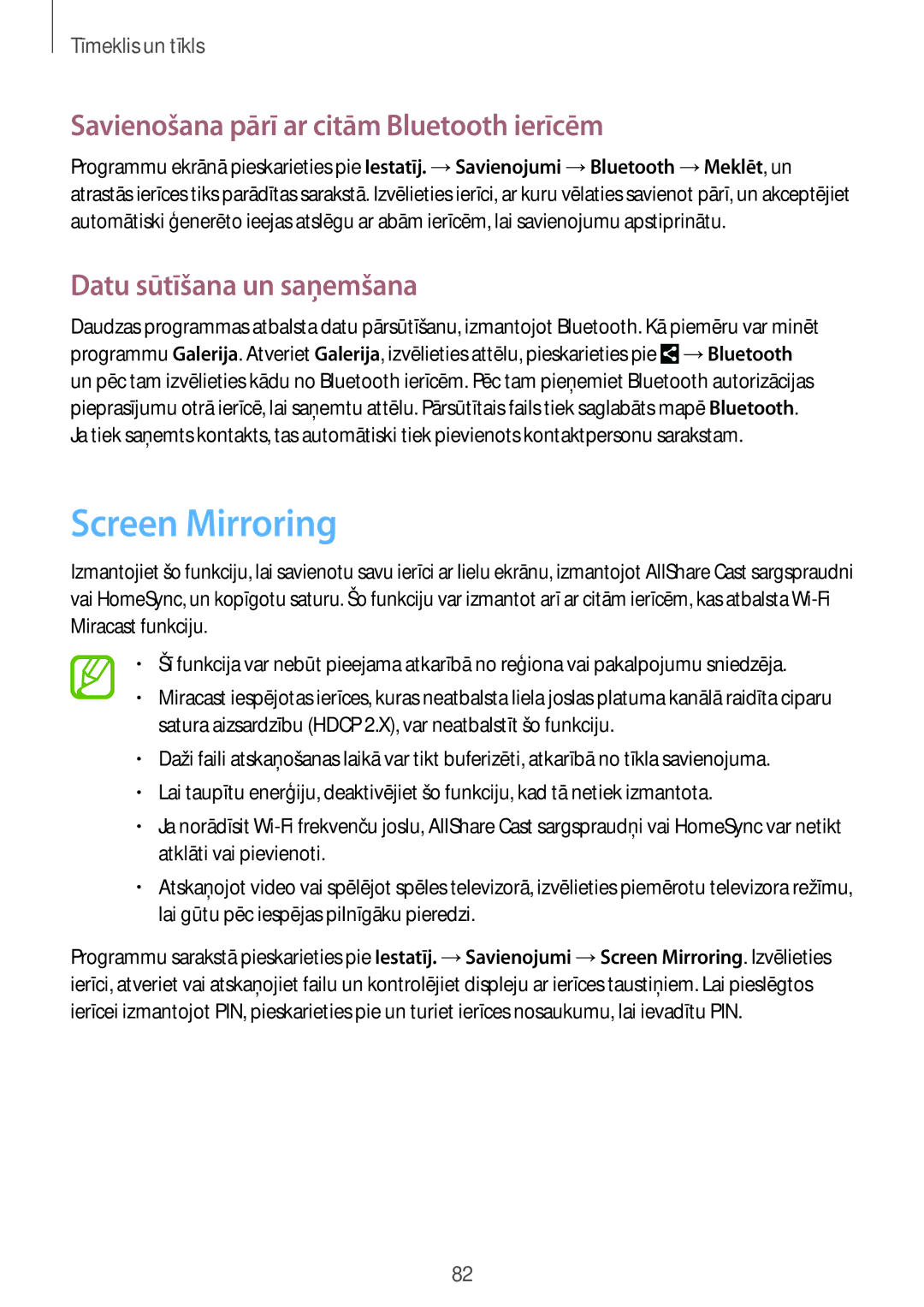 Samsung SM-N9005ZWESEB manual Screen Mirroring, Savienošana pārī ar citām Bluetooth ierīcēm, Datu sūtīšana un saņemšana 