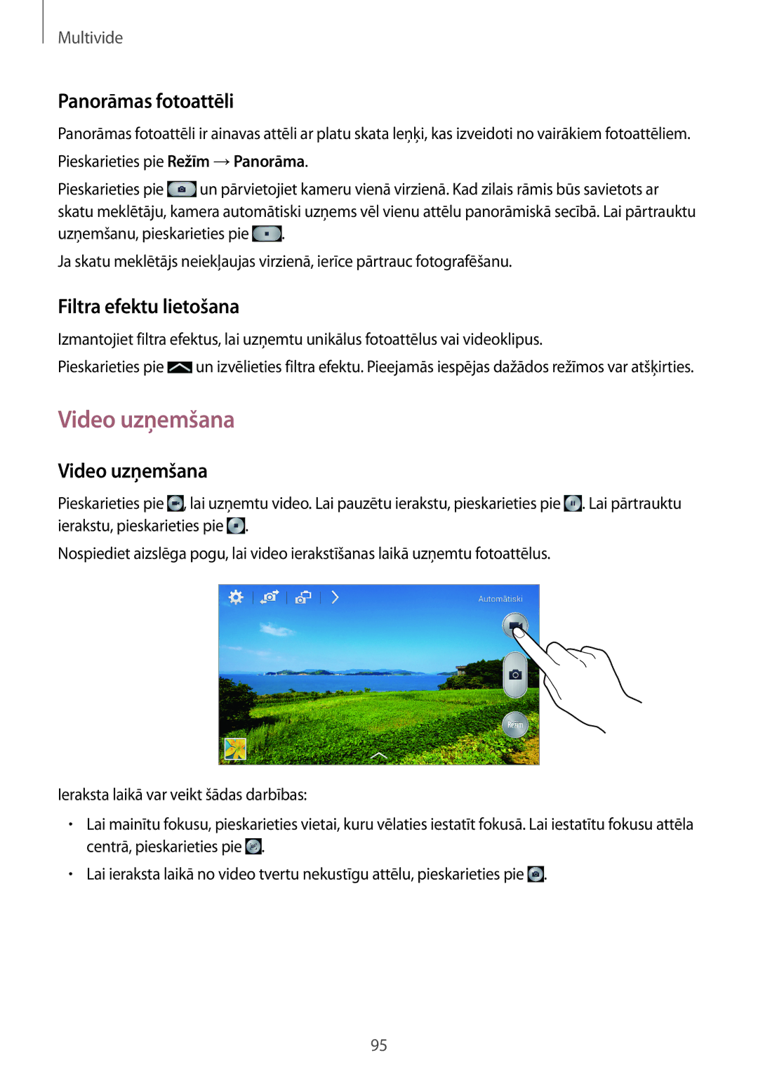 Samsung SM-N9005WDESEB, SM-N9005ZKESEB, SM-N9005ZWESEB manual Video uzņemšana, Panorāmas fotoattēli, Filtra efektu lietošana 