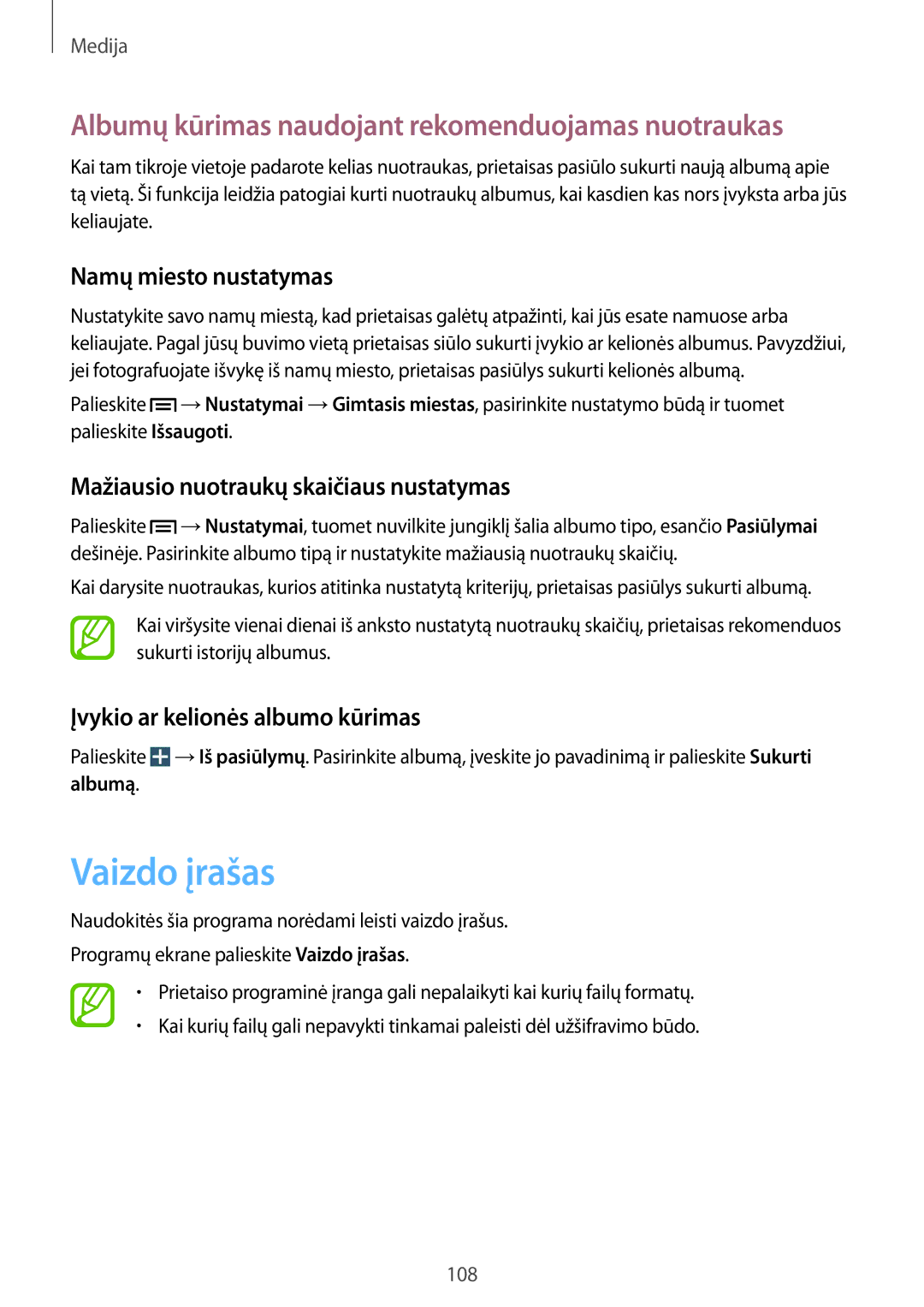 Samsung SM-N9005ZKESEB manual Vaizdo įrašas, Albumų kūrimas naudojant rekomenduojamas nuotraukas, Namų miesto nustatymas 