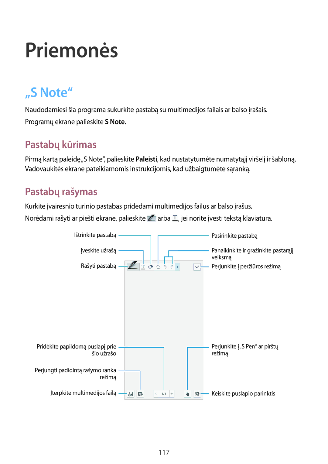 Samsung SM-N9005ZKESEB, SM-N9005ZWESEB, SM-N9005WDESEB manual „S Note, Pastabų kūrimas, Pastabų rašymas 