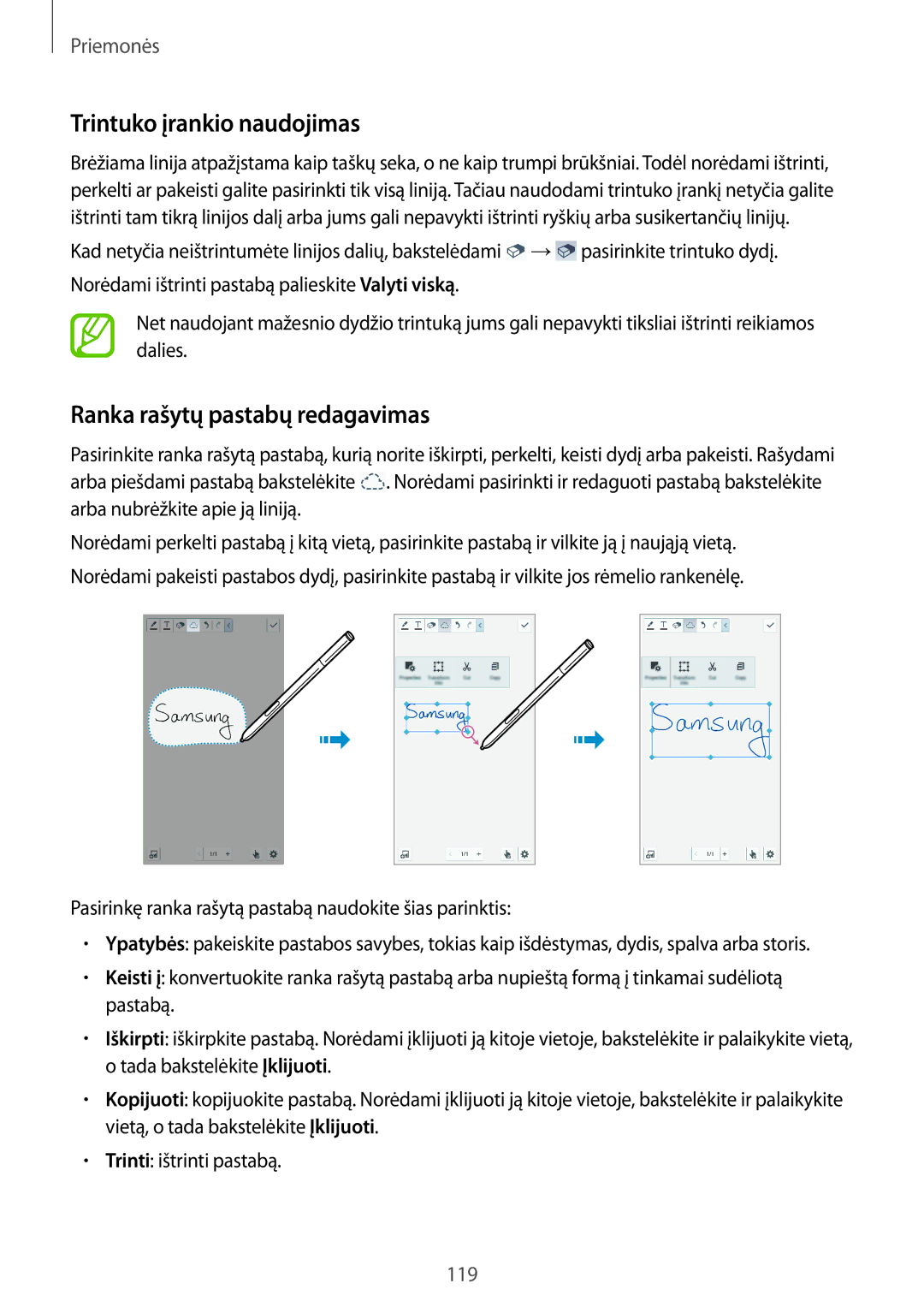 Samsung SM-N9005WDESEB, SM-N9005ZKESEB, SM-N9005ZWESEB manual Trintuko įrankio naudojimas, Ranka rašytų pastabų redagavimas 