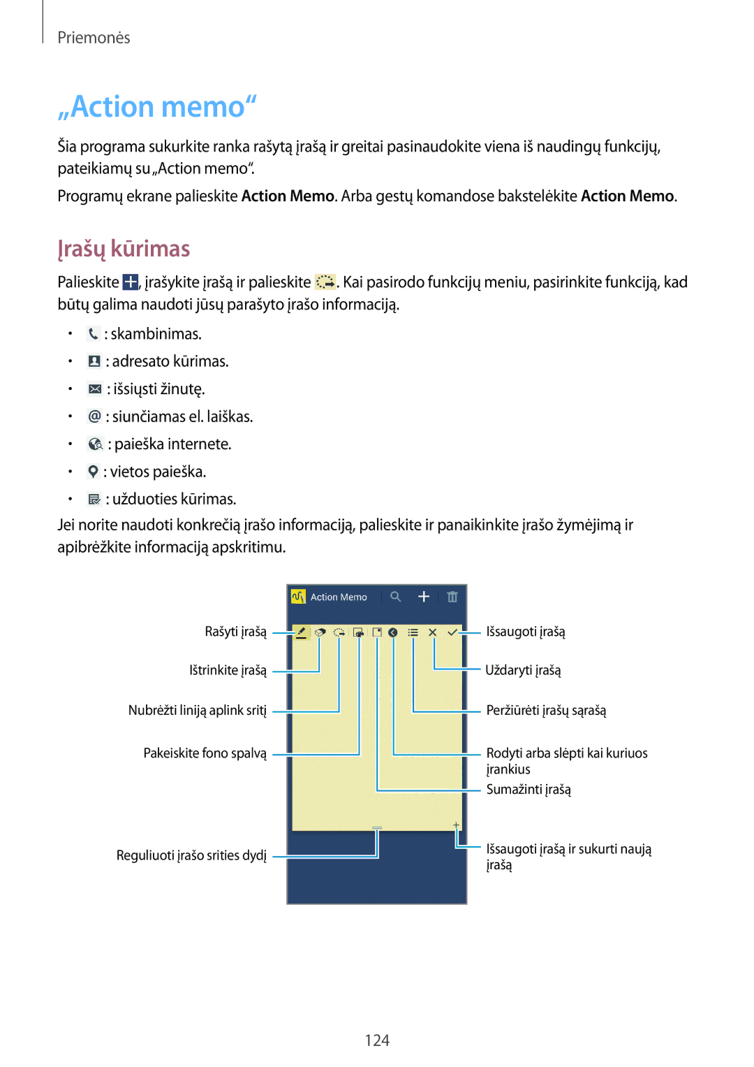 Samsung SM-N9005ZWESEB, SM-N9005ZKESEB, SM-N9005WDESEB manual „Action memo, Įrašų kūrimas 