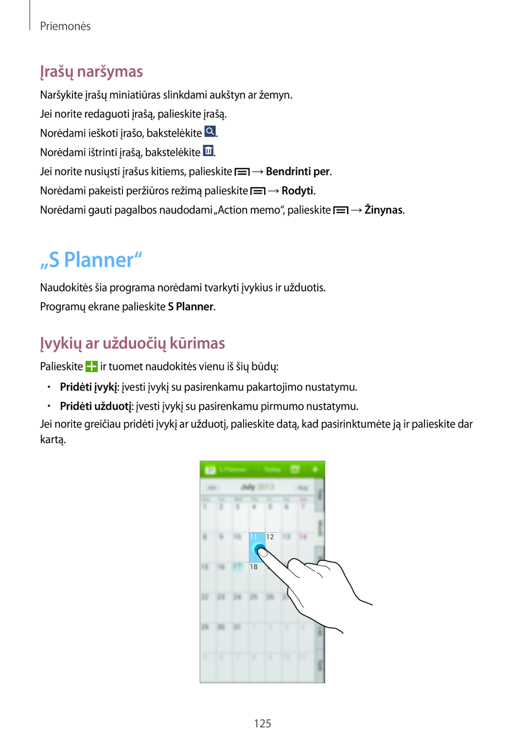 Samsung SM-N9005WDESEB, SM-N9005ZKESEB, SM-N9005ZWESEB manual „S Planner, Įrašų naršymas, Įvykių ar užduočių kūrimas 