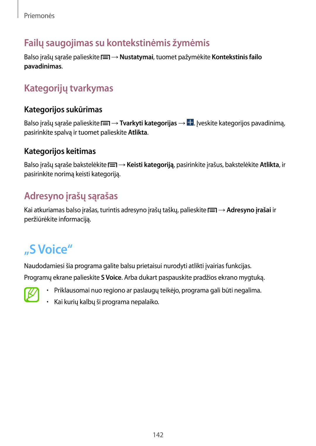 Samsung SM-N9005ZWESEB „S Voice, Failų saugojimas su kontekstinėmis žymėmis, Kategorijų tvarkymas, Adresyno įrašų sąrašas 
