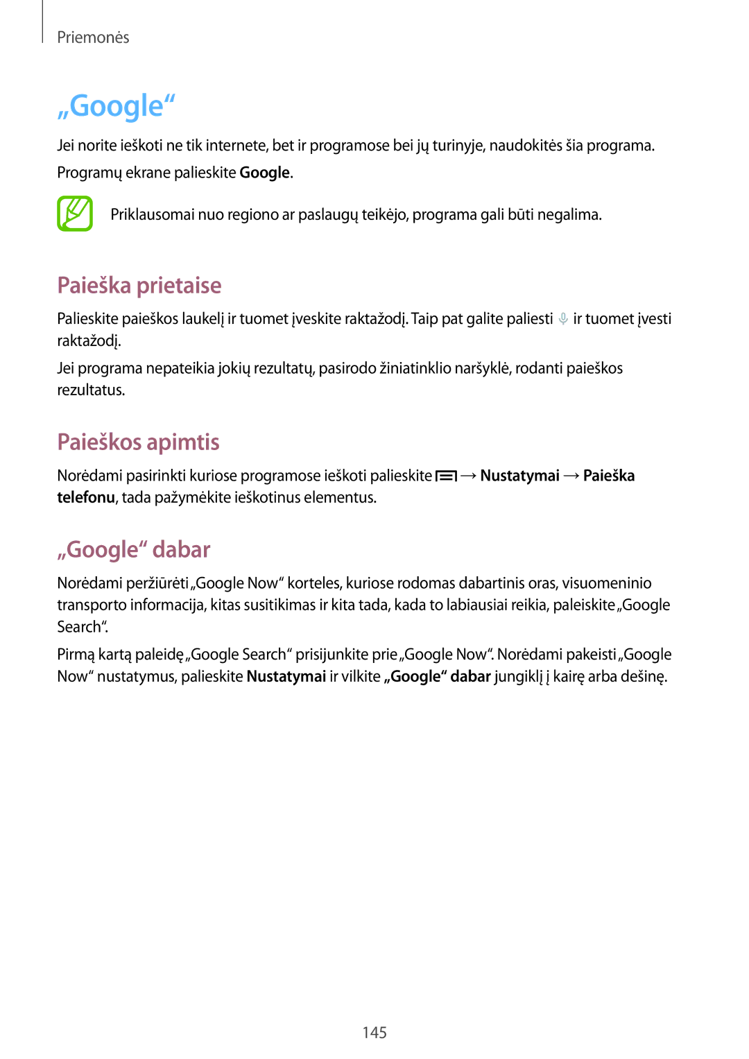 Samsung SM-N9005ZWESEB, SM-N9005ZKESEB, SM-N9005WDESEB manual Paieška prietaise, Paieškos apimtis, „Google dabar 