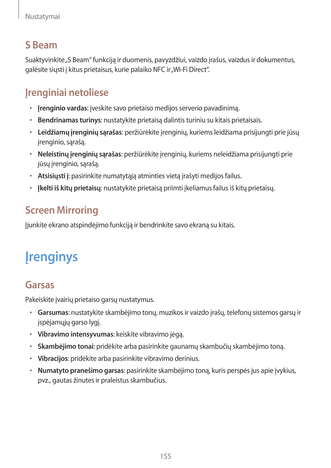 Samsung SM-N9005WDESEB, SM-N9005ZKESEB, SM-N9005ZWESEB manual Įrenginys, Beam, Įrenginiai netoliese, Screen Mirroring, Garsas 