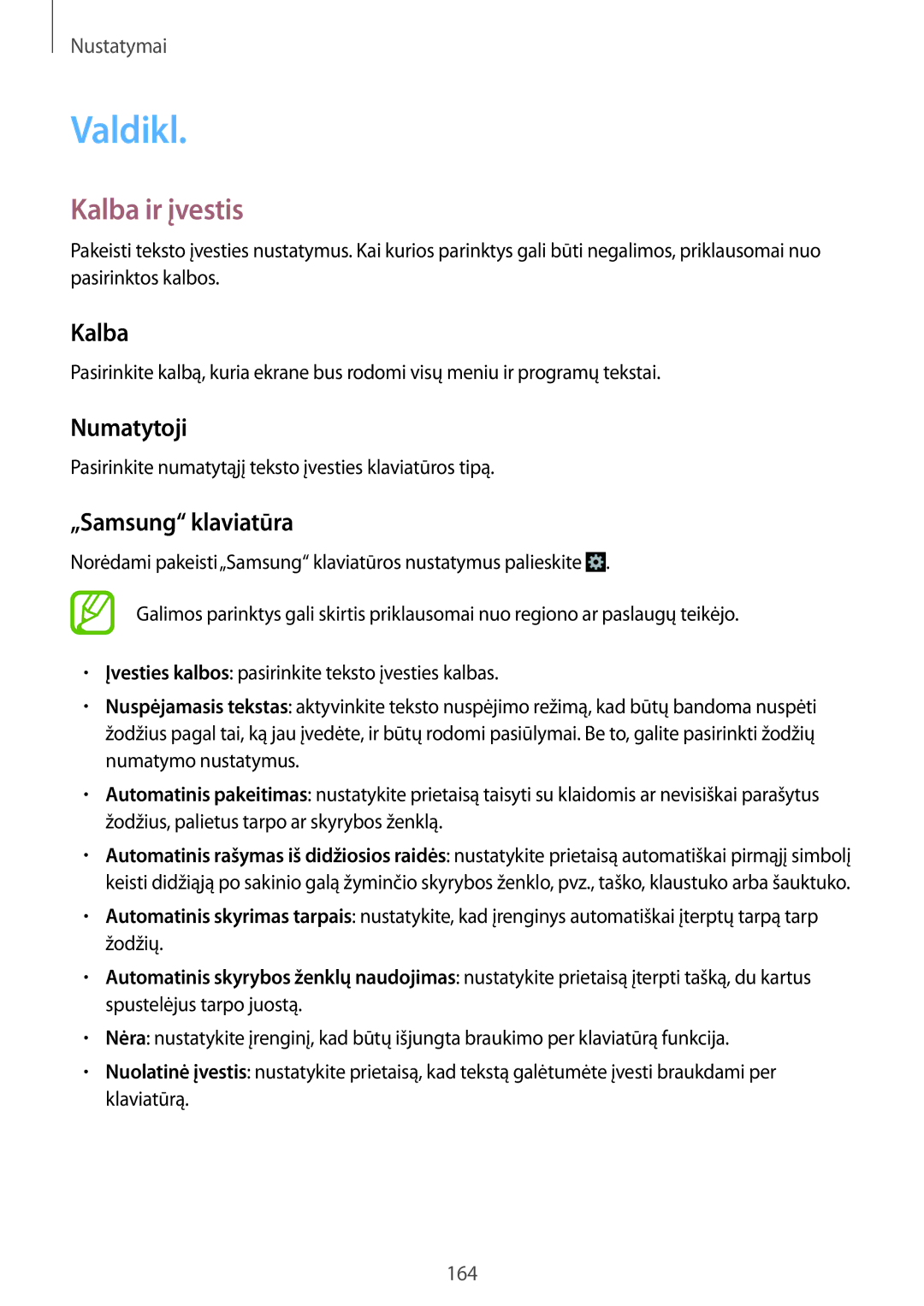 Samsung SM-N9005WDESEB, SM-N9005ZKESEB, SM-N9005ZWESEB manual Valdikl, Kalba ir įvestis, Numatytoji, „Samsung klaviatūra 