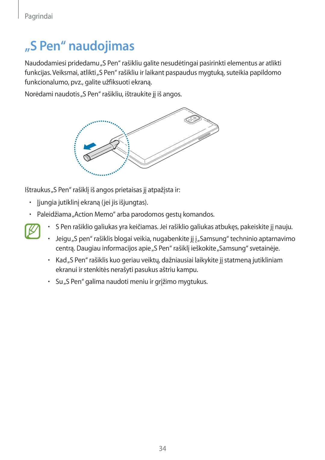 Samsung SM-N9005ZWESEB, SM-N9005ZKESEB, SM-N9005WDESEB manual „S Pen naudojimas 