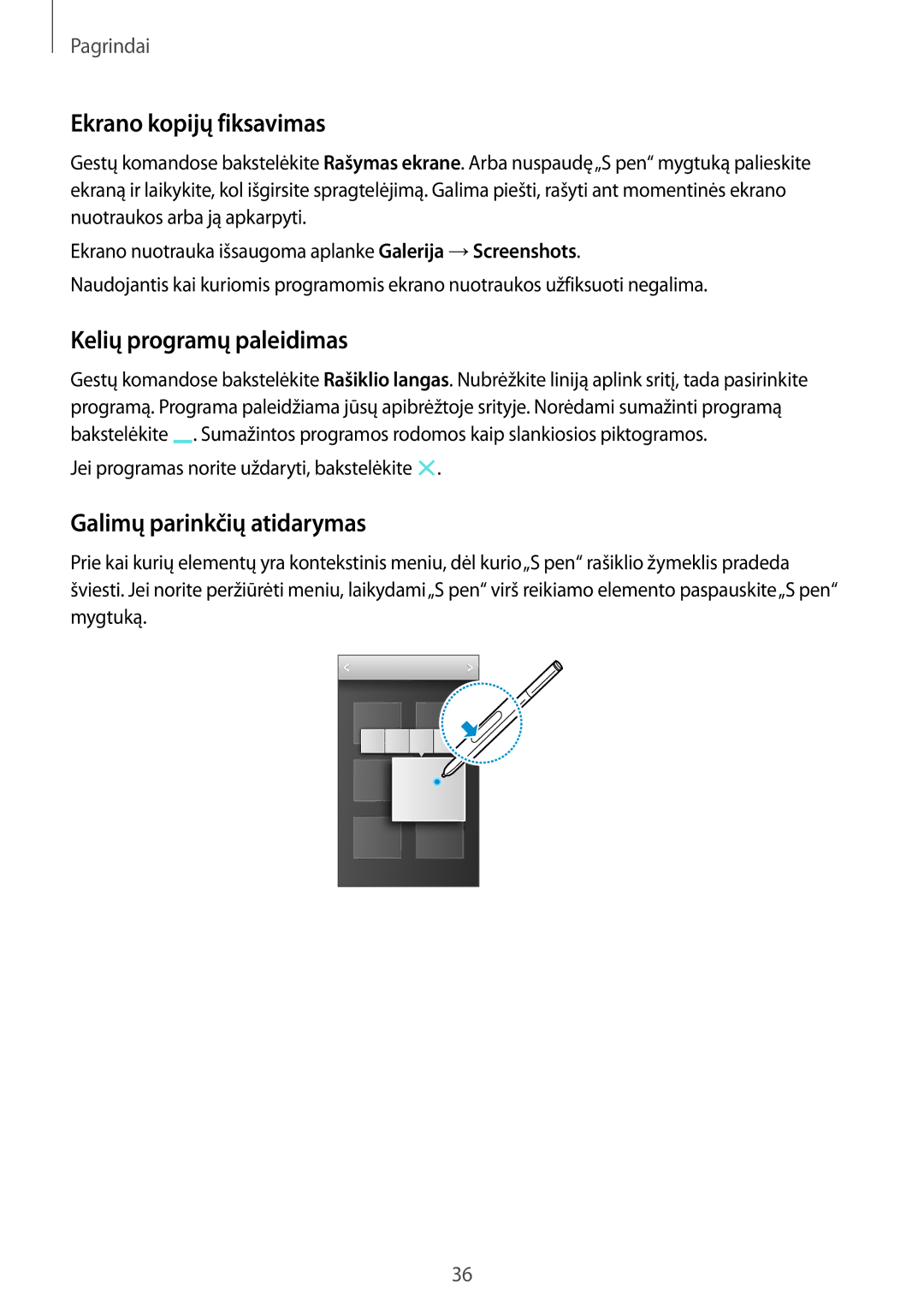 Samsung SM-N9005ZKESEB, SM-N9005ZWESEB Ekrano kopijų fiksavimas, Kelių programų paleidimas, Galimų parinkčių atidarymas 