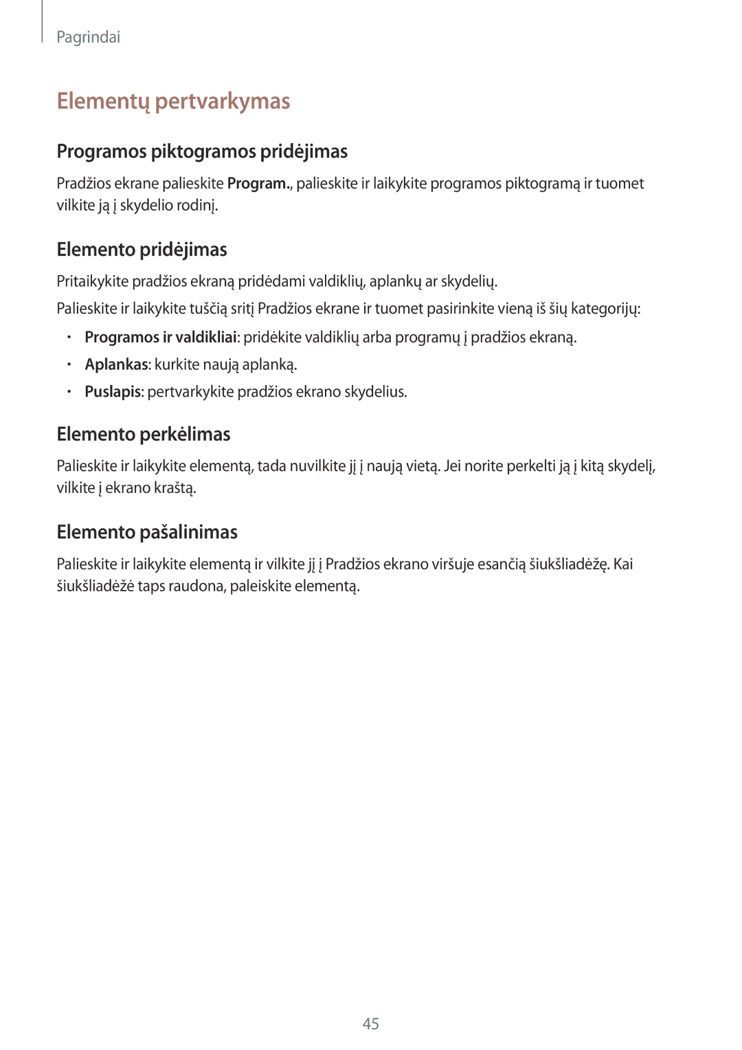 Samsung SM-N9005ZKESEB Elementų pertvarkymas, Programos piktogramos pridėjimas, Elemento pridėjimas, Elemento perkėlimas 