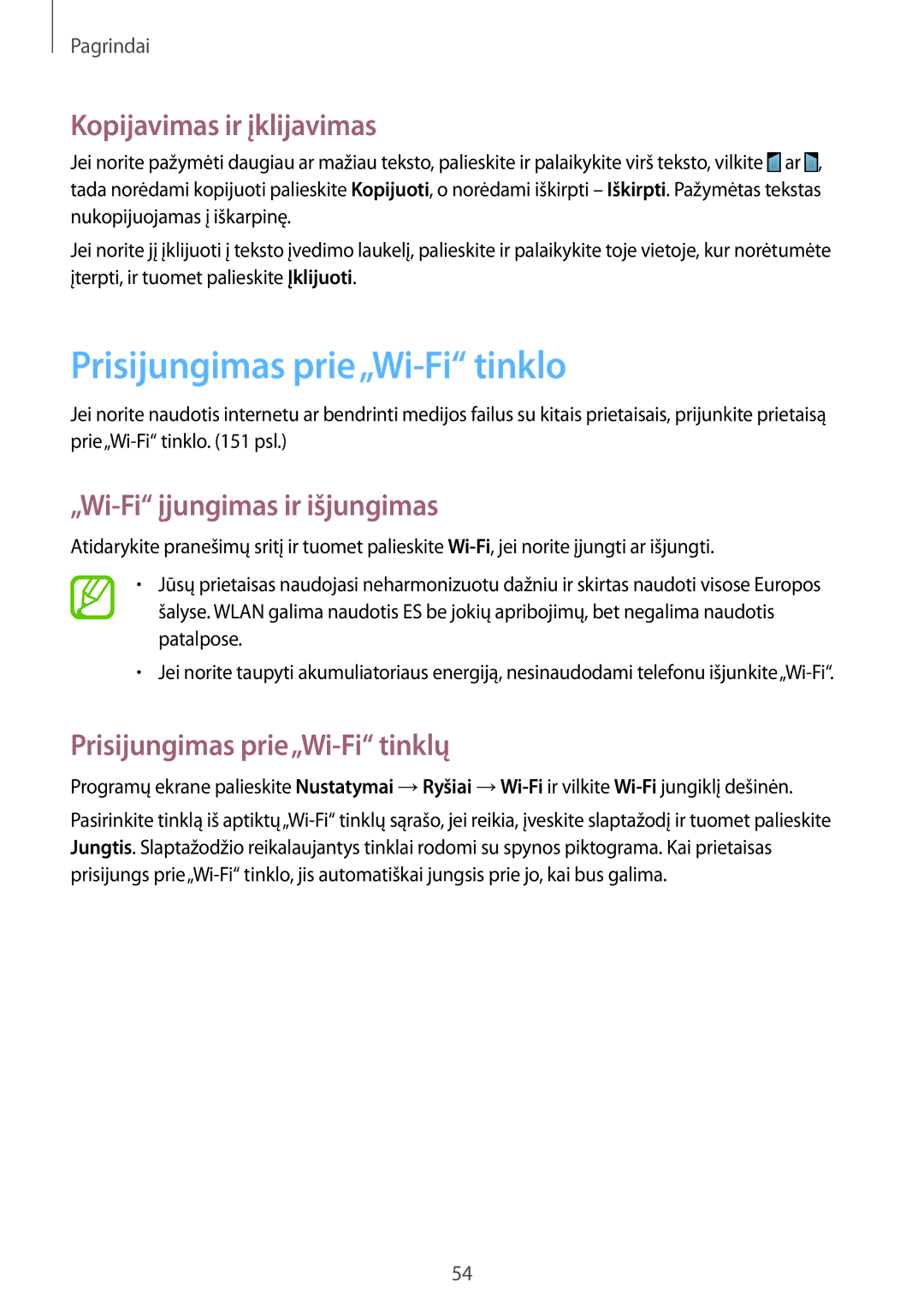 Samsung SM-N9005ZKESEB manual Prisijungimas prie„Wi-Fi tinklo, Kopijavimas ir įklijavimas, „Wi-Fi įjungimas ir išjungimas 