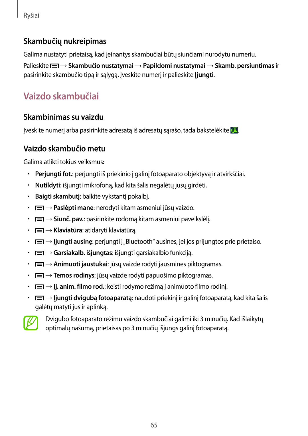 Samsung SM-N9005WDESEB manual Vaizdo skambučiai, Skambučių nukreipimas, Skambinimas su vaizdu, Vaizdo skambučio metu 