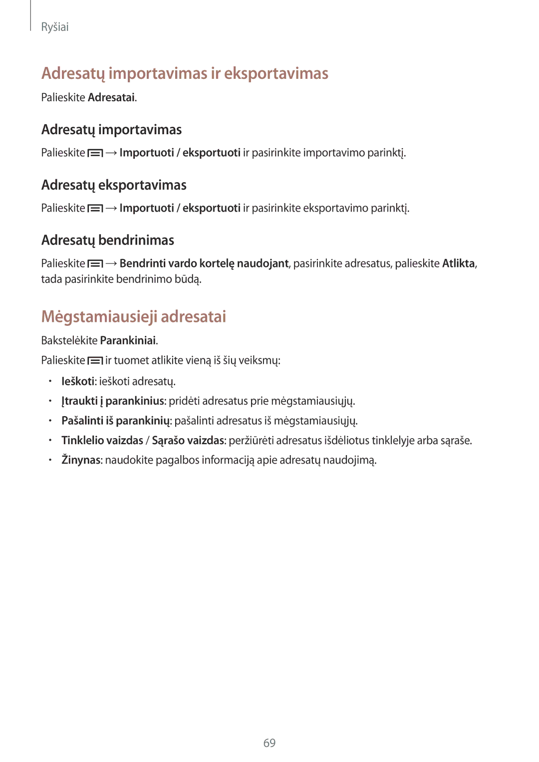 Samsung SM-N9005ZKESEB manual Adresatų importavimas ir eksportavimas, Mėgstamiausieji adresatai, Adresatų eksportavimas 