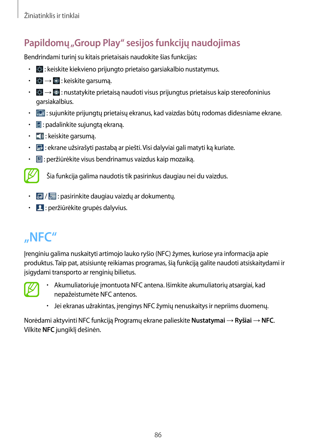 Samsung SM-N9005WDESEB, SM-N9005ZKESEB, SM-N9005ZWESEB manual „Nfc, Papildomų„Group Play sesijos funkcijų naudojimas 