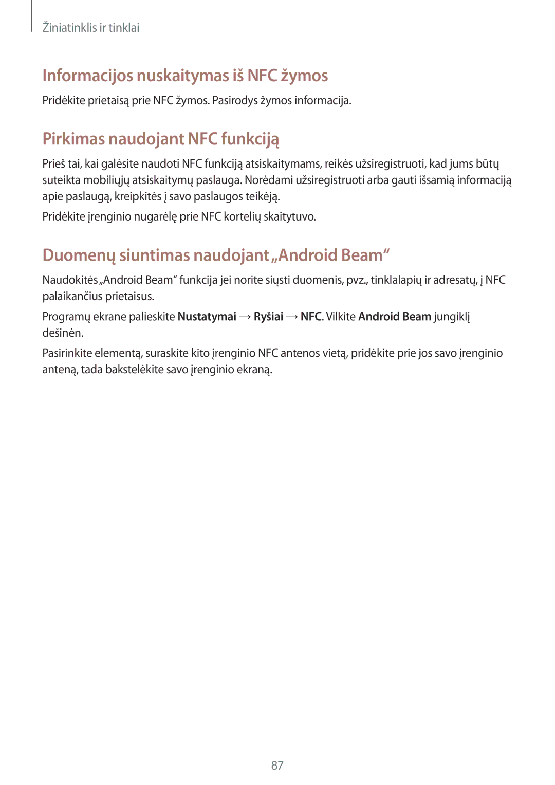 Samsung SM-N9005ZKESEB, SM-N9005ZWESEB manual Informacijos nuskaitymas iš NFC žymos, Pirkimas naudojant NFC funkciją 