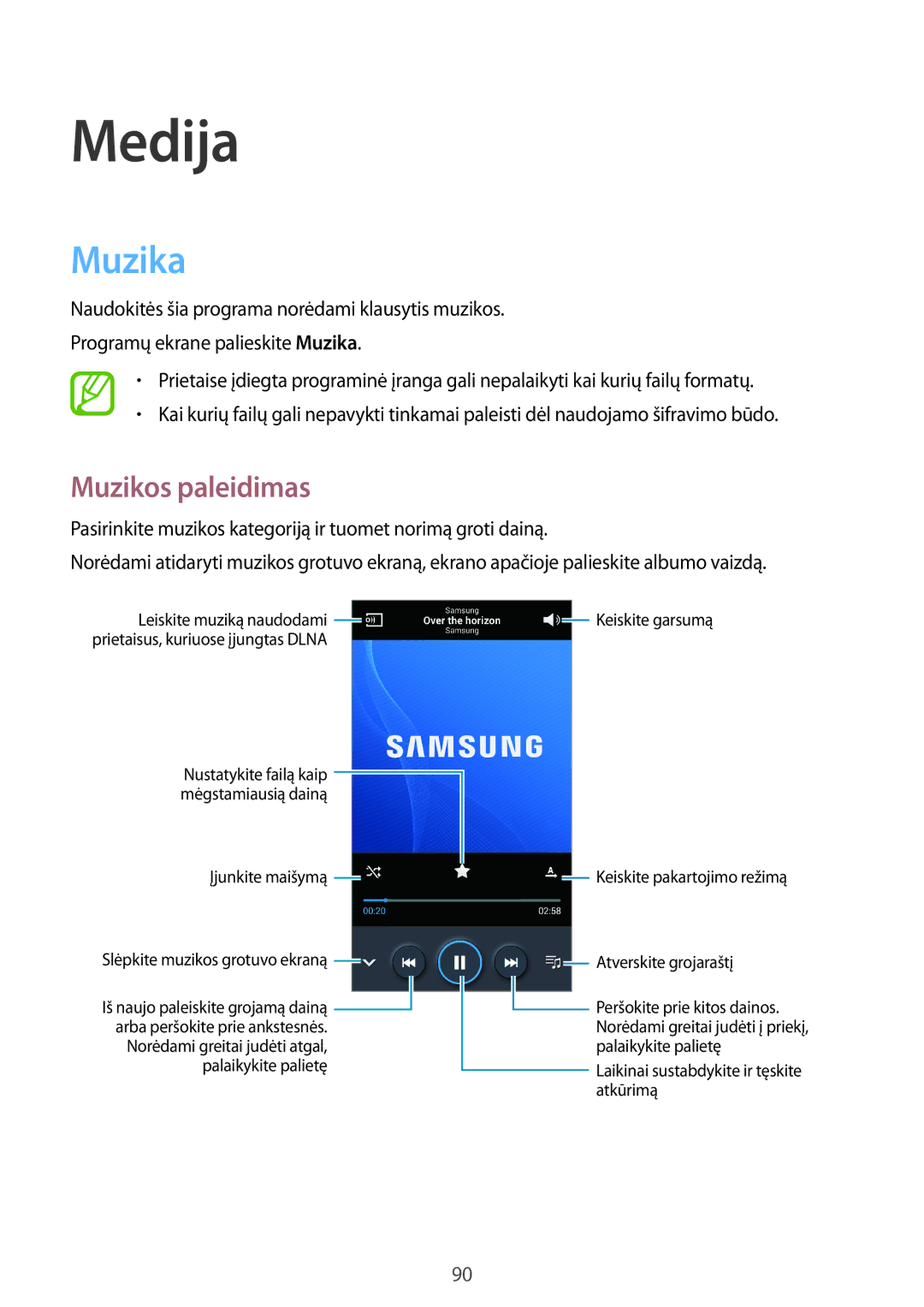Samsung SM-N9005ZKESEB, SM-N9005ZWESEB, SM-N9005WDESEB manual Muzika, Muzikos paleidimas 