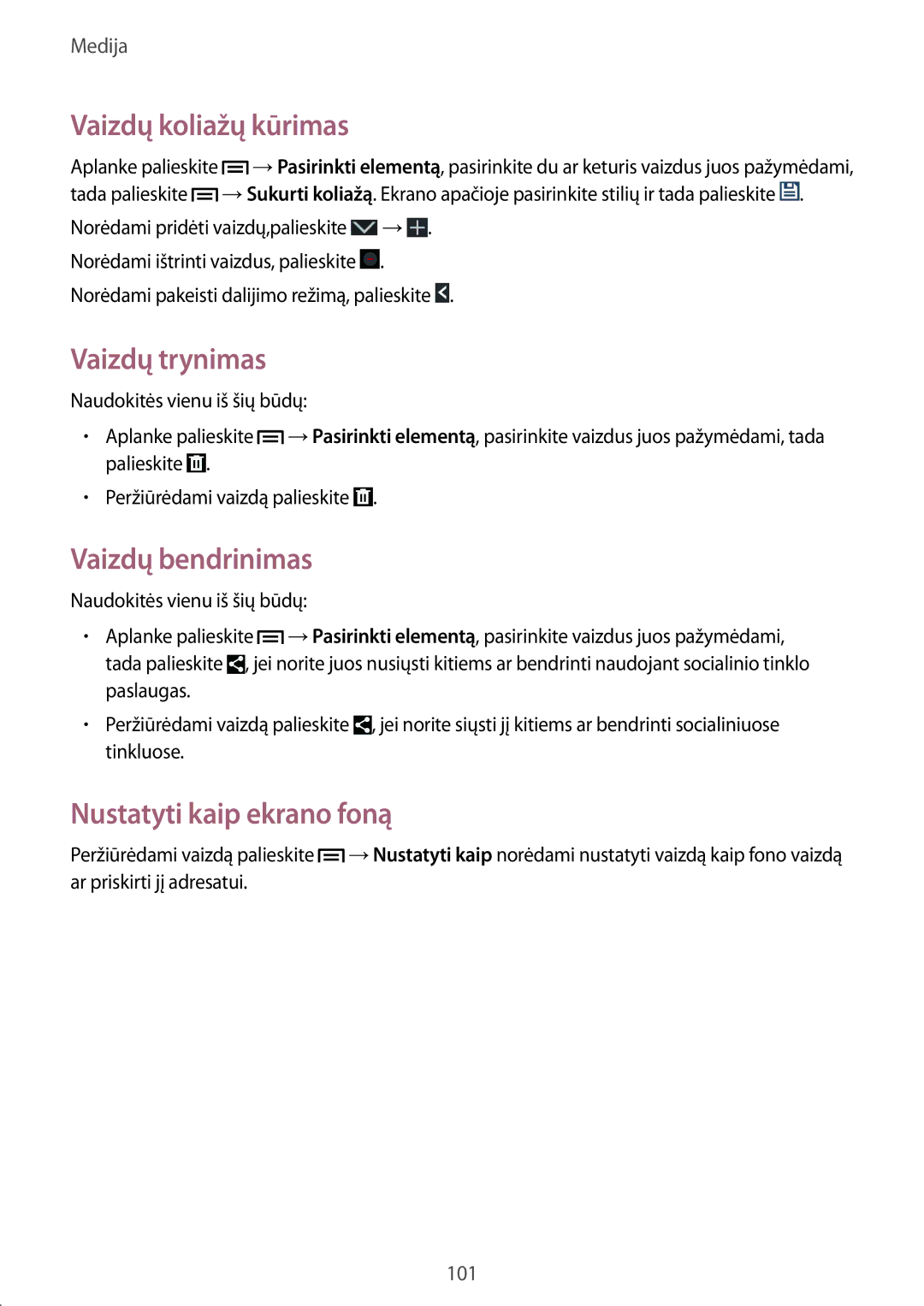 Samsung SM-N9005WDESEB manual Vaizdų koliažų kūrimas, Vaizdų trynimas, Vaizdų bendrinimas, Nustatyti kaip ekrano foną 