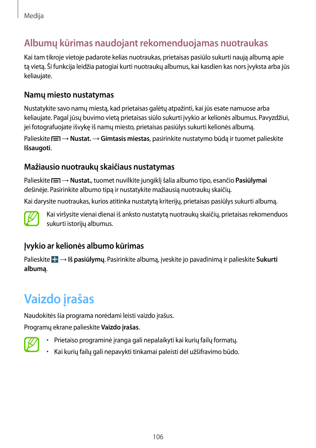 Samsung SM-N9005ZWESEB manual Vaizdo įrašas, Albumų kūrimas naudojant rekomenduojamas nuotraukas, Namų miesto nustatymas 