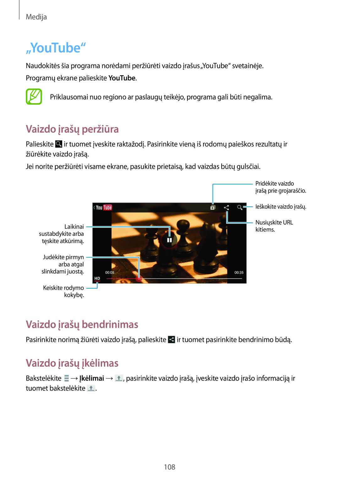 Samsung SM-N9005ZKESEB, SM-N9005ZWESEB, SM-N9005WDESEB manual „YouTube, Vaizdo įrašų peržiūra, Vaizdo įrašų įkėlimas 