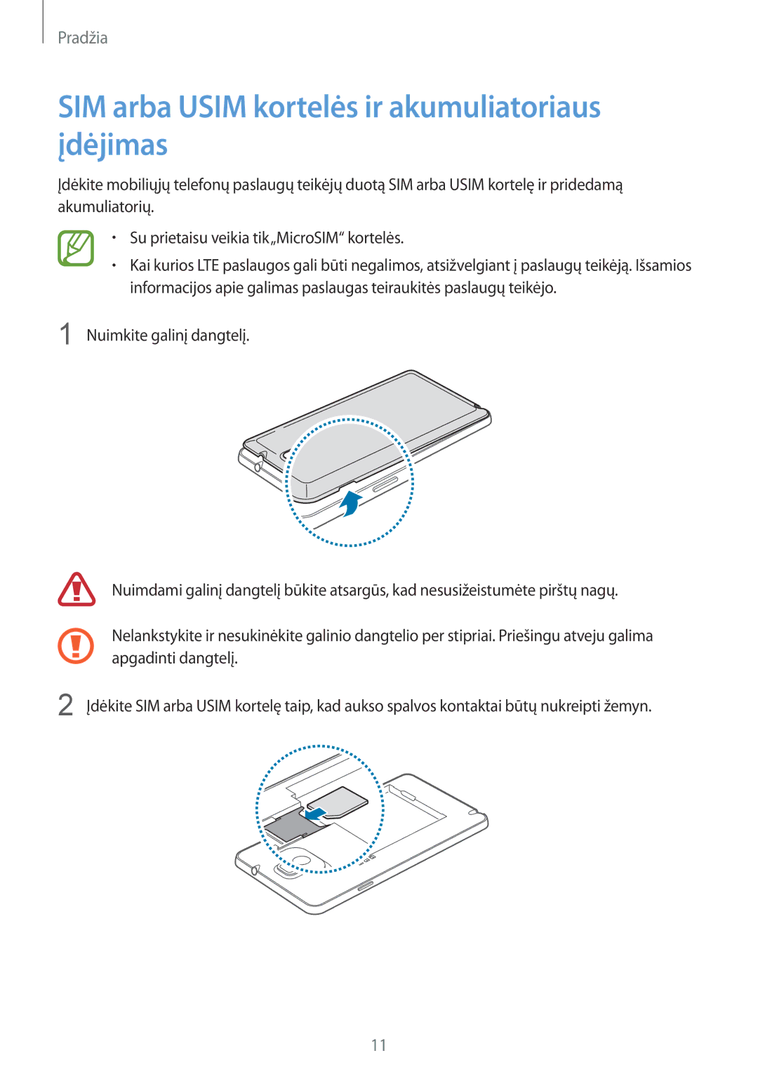 Samsung SM-N9005WDESEB, SM-N9005ZKESEB, SM-N9005ZWESEB manual SIM arba Usim kortelės ir akumuliatoriaus įdėjimas 