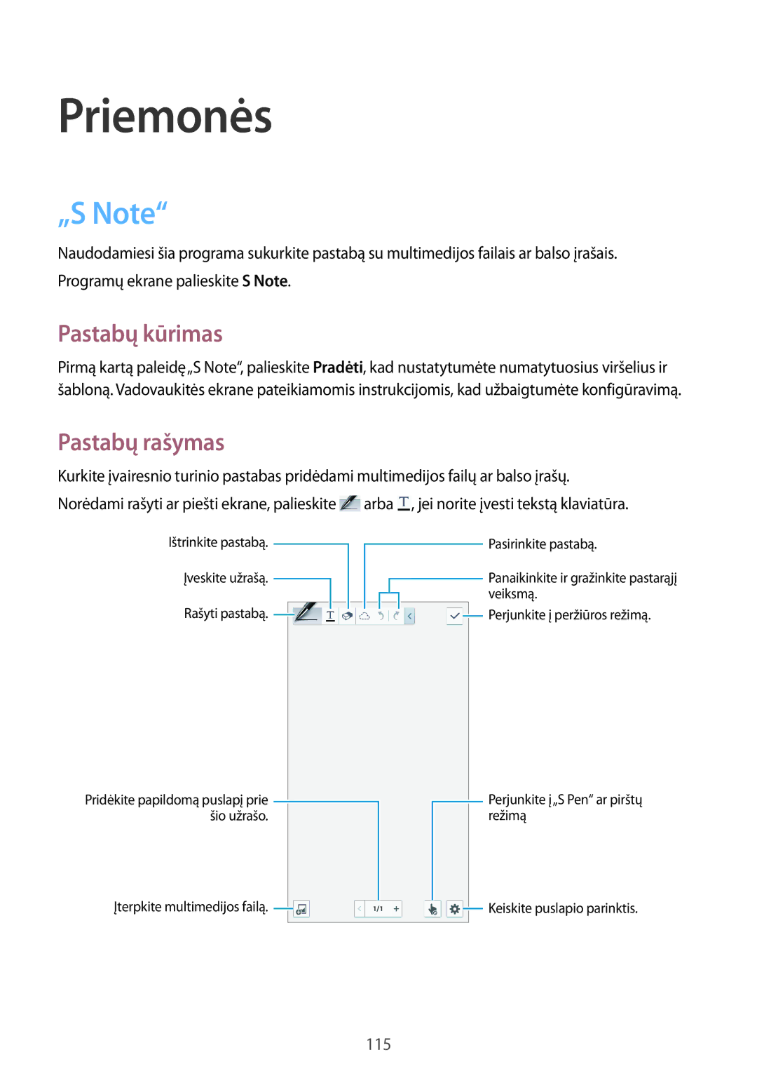 Samsung SM-N9005ZWESEB, SM-N9005ZKESEB, SM-N9005WDESEB manual „S Note, Pastabų kūrimas, Pastabų rašymas 