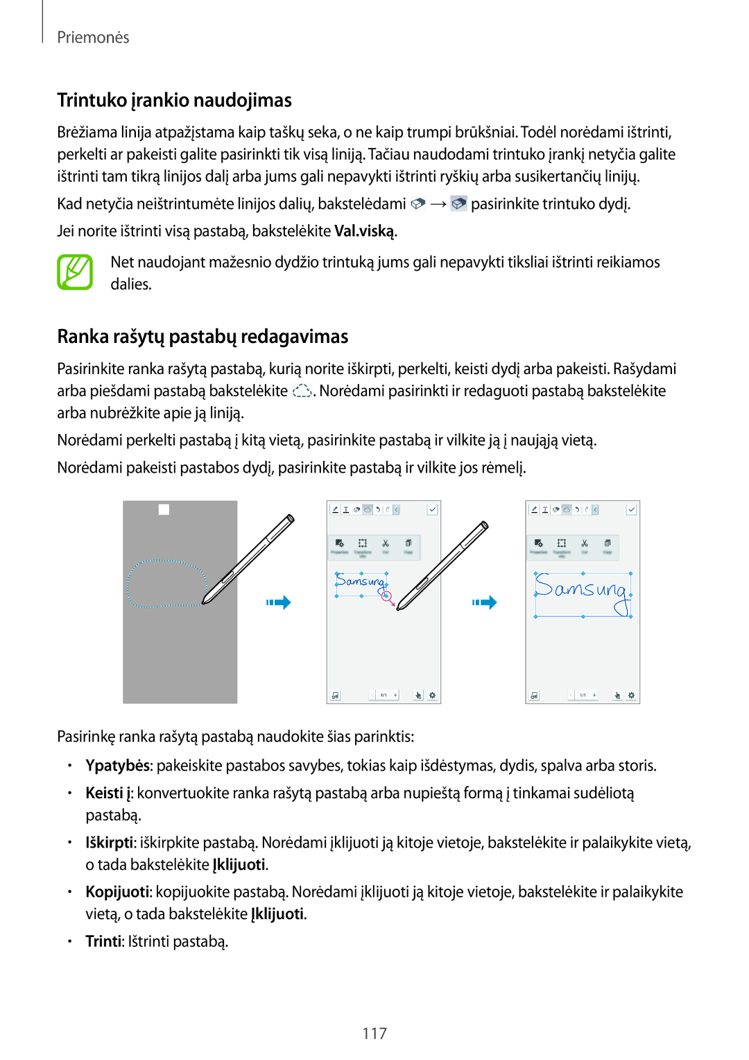 Samsung SM-N9005ZKESEB, SM-N9005ZWESEB, SM-N9005WDESEB manual Trintuko įrankio naudojimas, Ranka rašytų pastabų redagavimas 