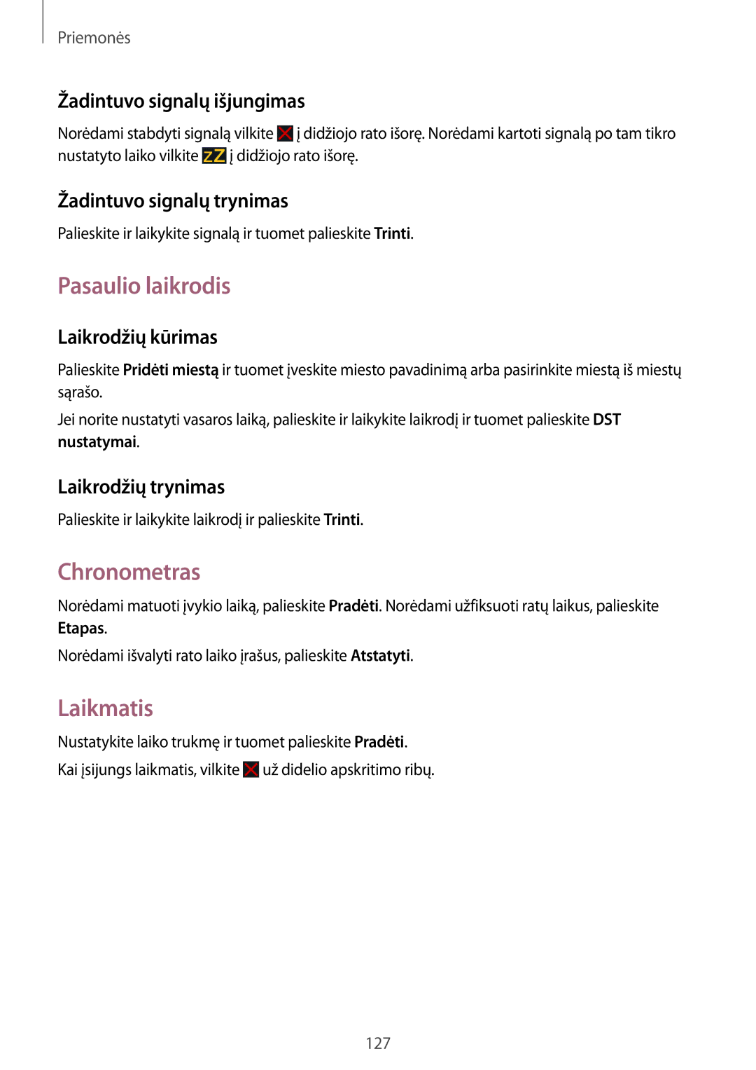 Samsung SM-N9005ZWESEB, SM-N9005ZKESEB, SM-N9005WDESEB manual Pasaulio laikrodis, Chronometras, Laikmatis 