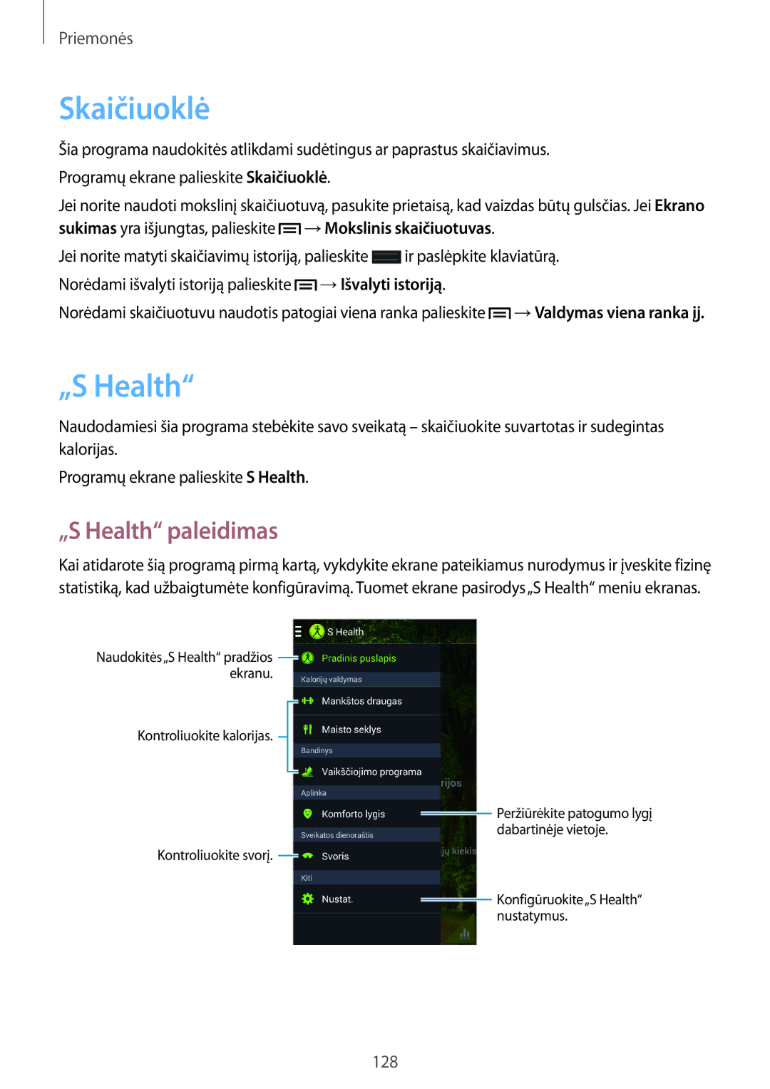 Samsung SM-N9005WDESEB, SM-N9005ZKESEB, SM-N9005ZWESEB manual Skaičiuoklė, „S Health paleidimas 