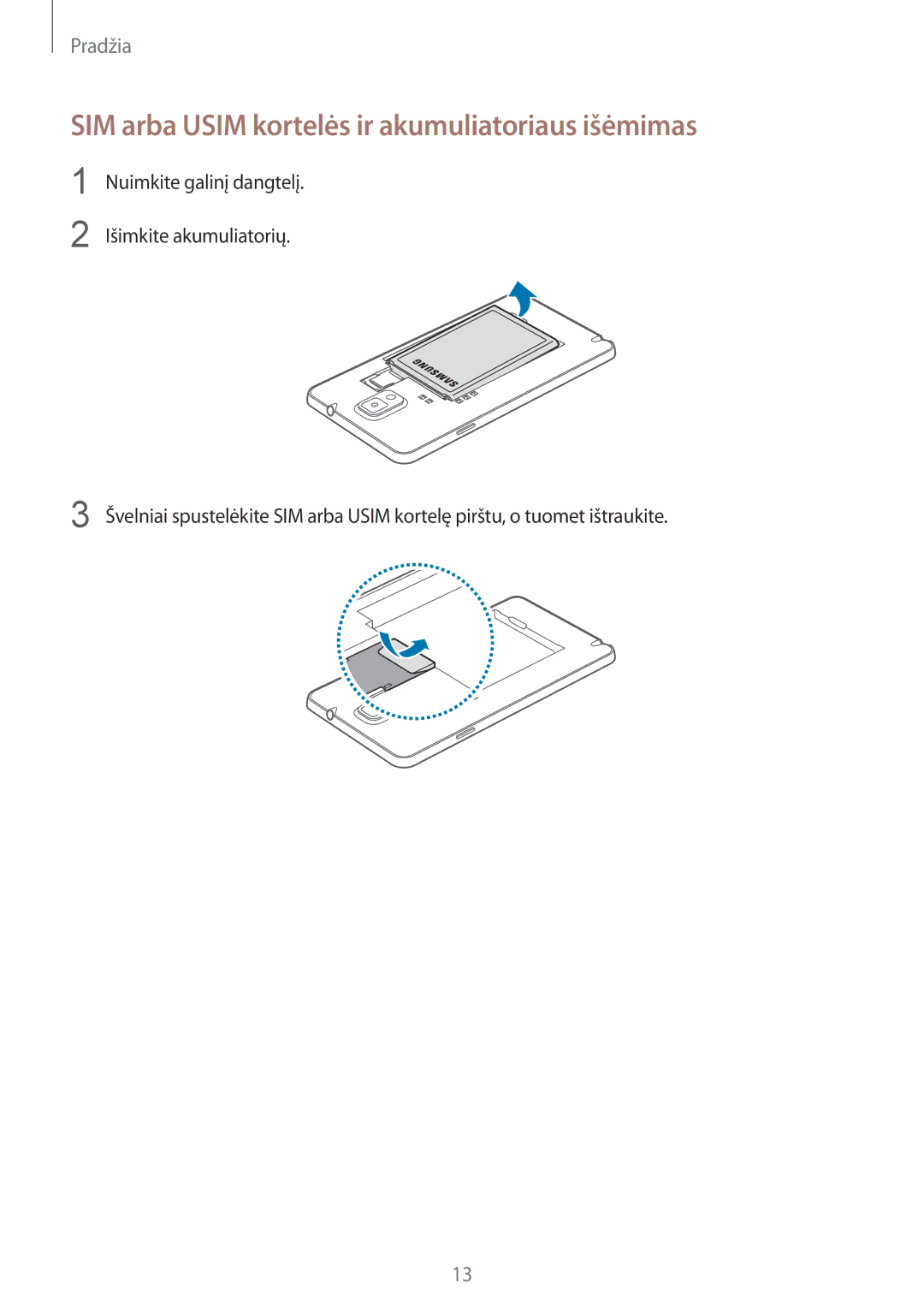 Samsung SM-N9005ZWESEB, SM-N9005ZKESEB, SM-N9005WDESEB manual SIM arba Usim kortelės ir akumuliatoriaus išėmimas 