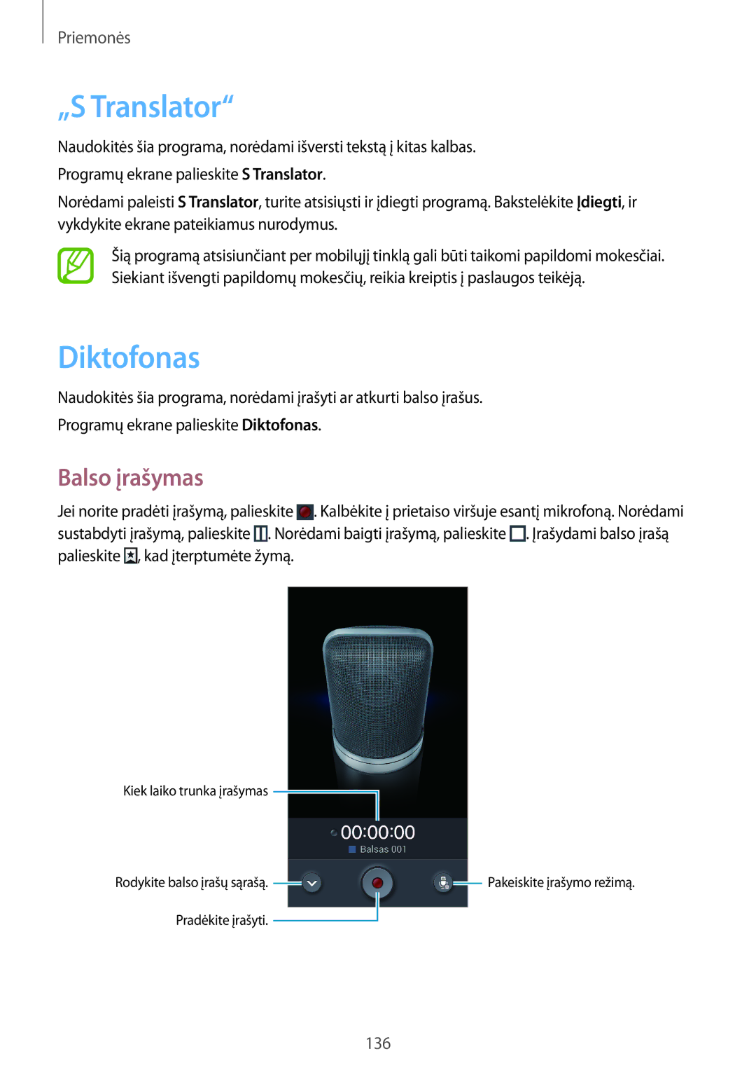 Samsung SM-N9005ZWESEB, SM-N9005ZKESEB, SM-N9005WDESEB manual „S Translator, Diktofonas, Balso įrašymas 