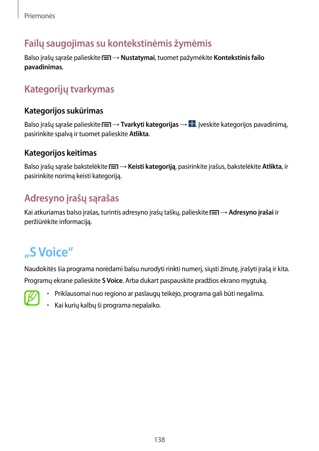 Samsung SM-N9005ZKESEB „S Voice, Failų saugojimas su kontekstinėmis žymėmis, Kategorijų tvarkymas, Adresyno įrašų sąrašas 